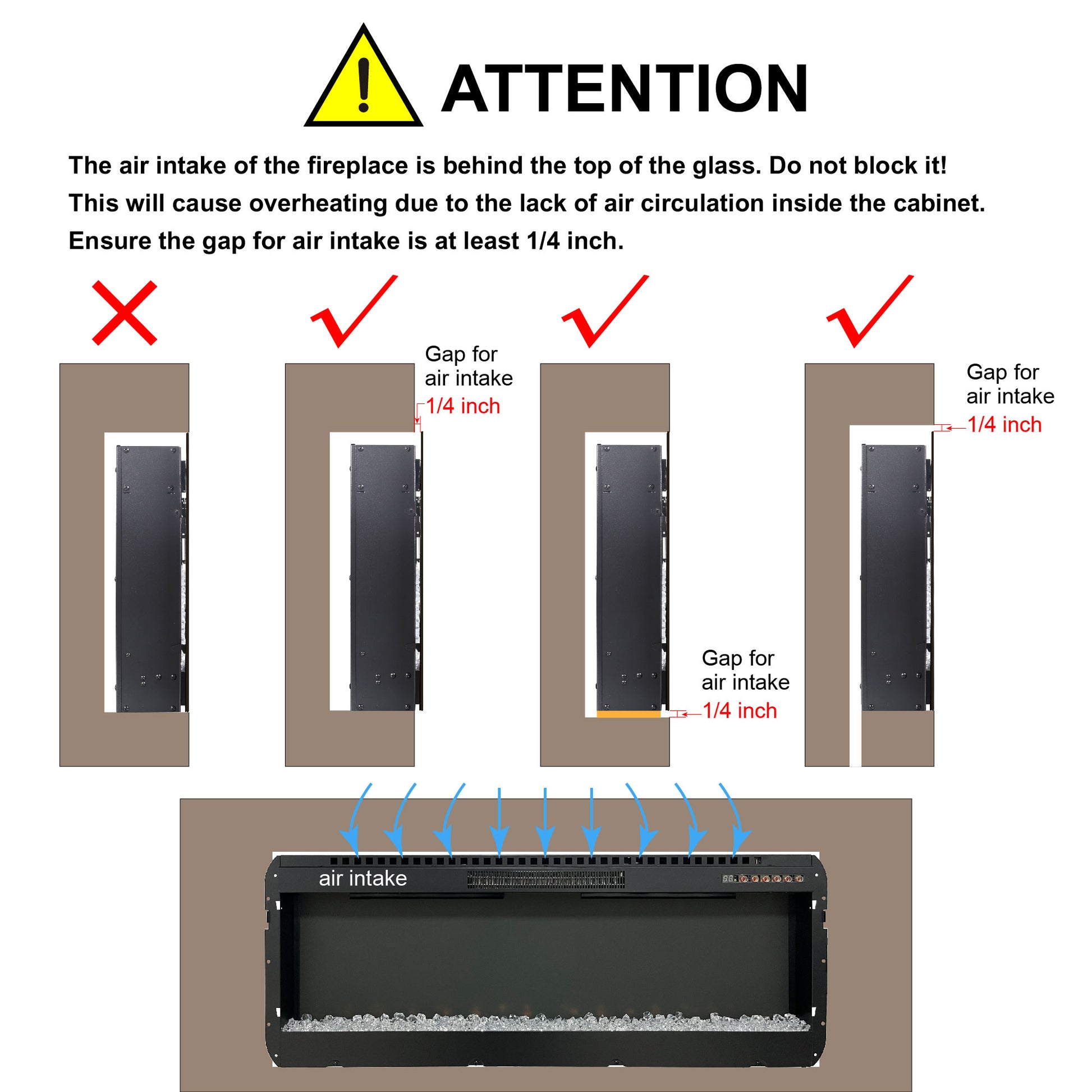 Diagram showing correct  inch air intake gap for fireplace