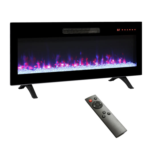 Black electric fireplace with crystal ember bed and remote