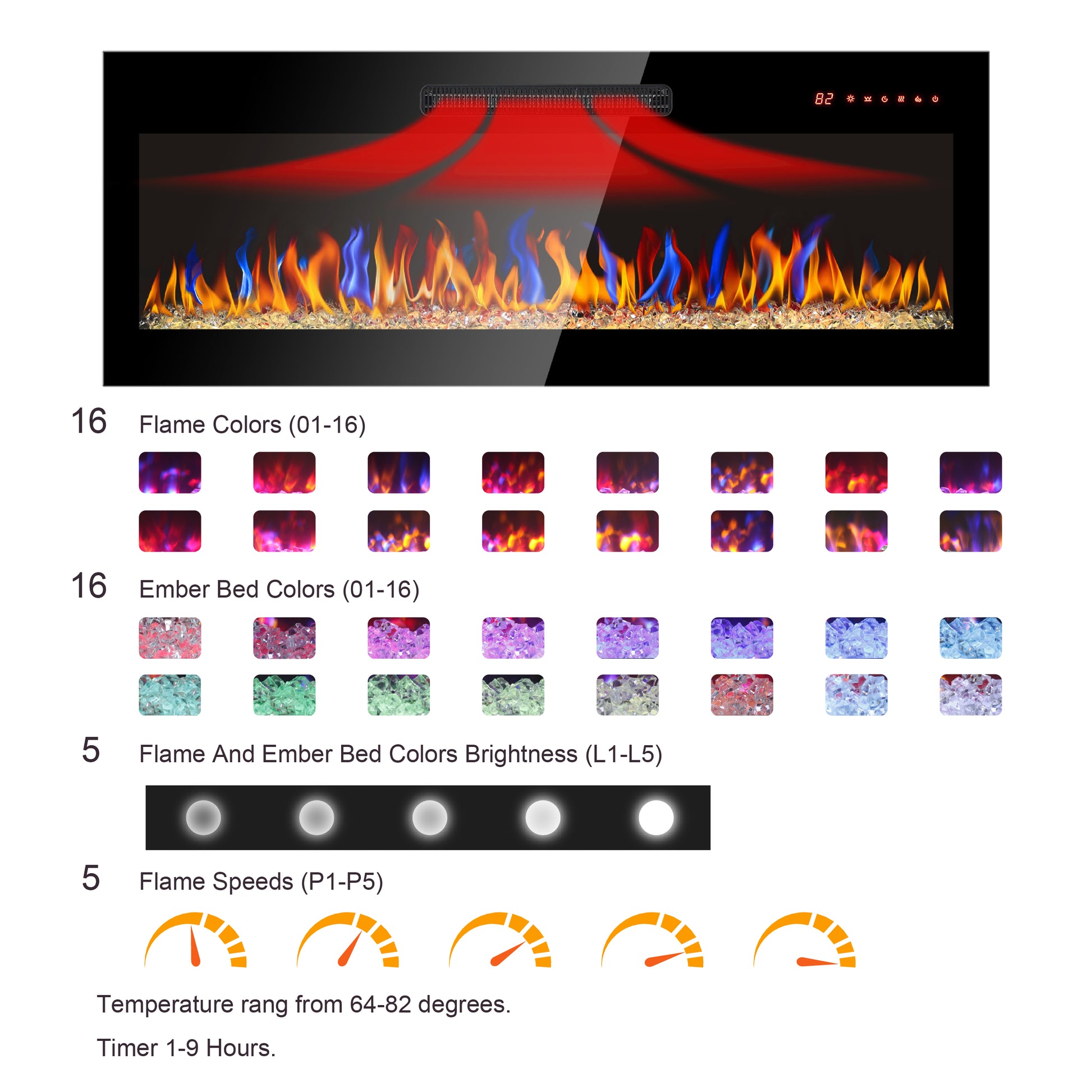 Electric fireplace with adjustable flame colors and ember bed options