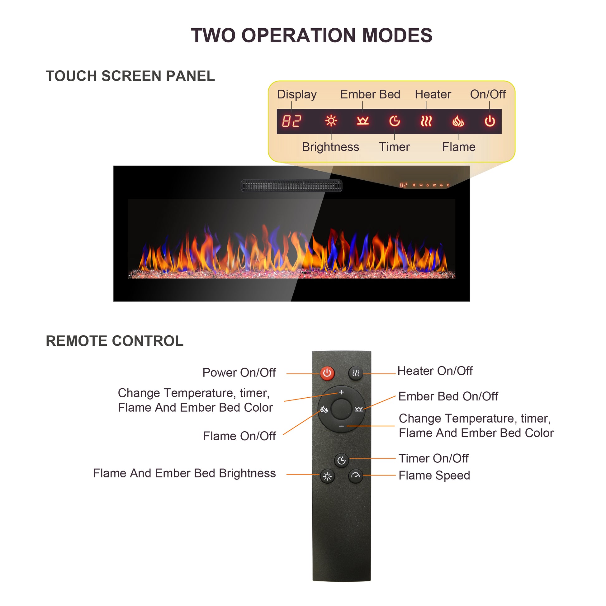 Electric fireplace touch screen panel with flame and settings