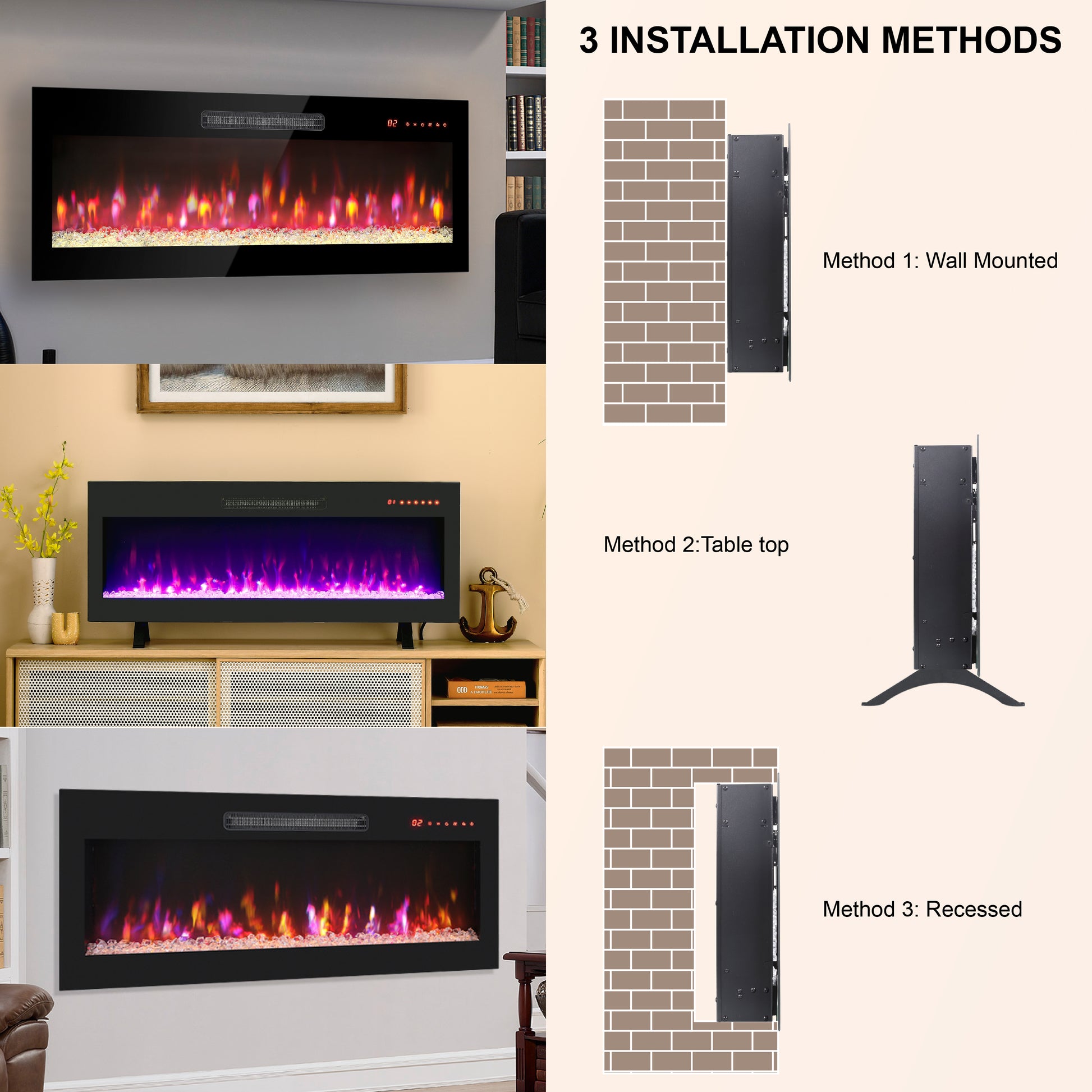Black electric fireplace with realistic flame effect and crystal bed