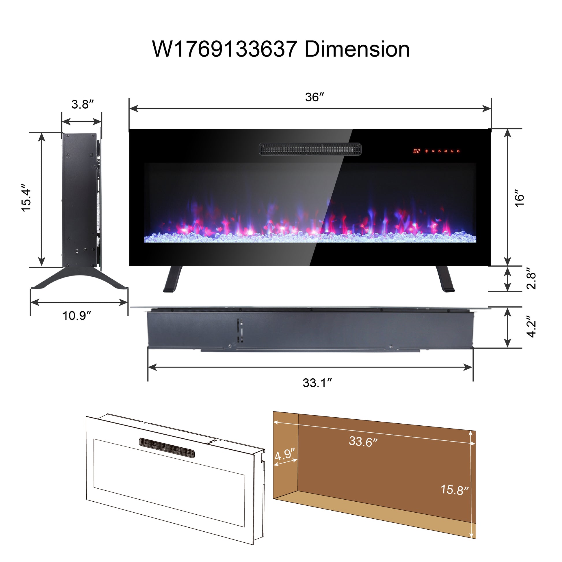 inch electric fireplace with realistic flame effect and dimensions shown