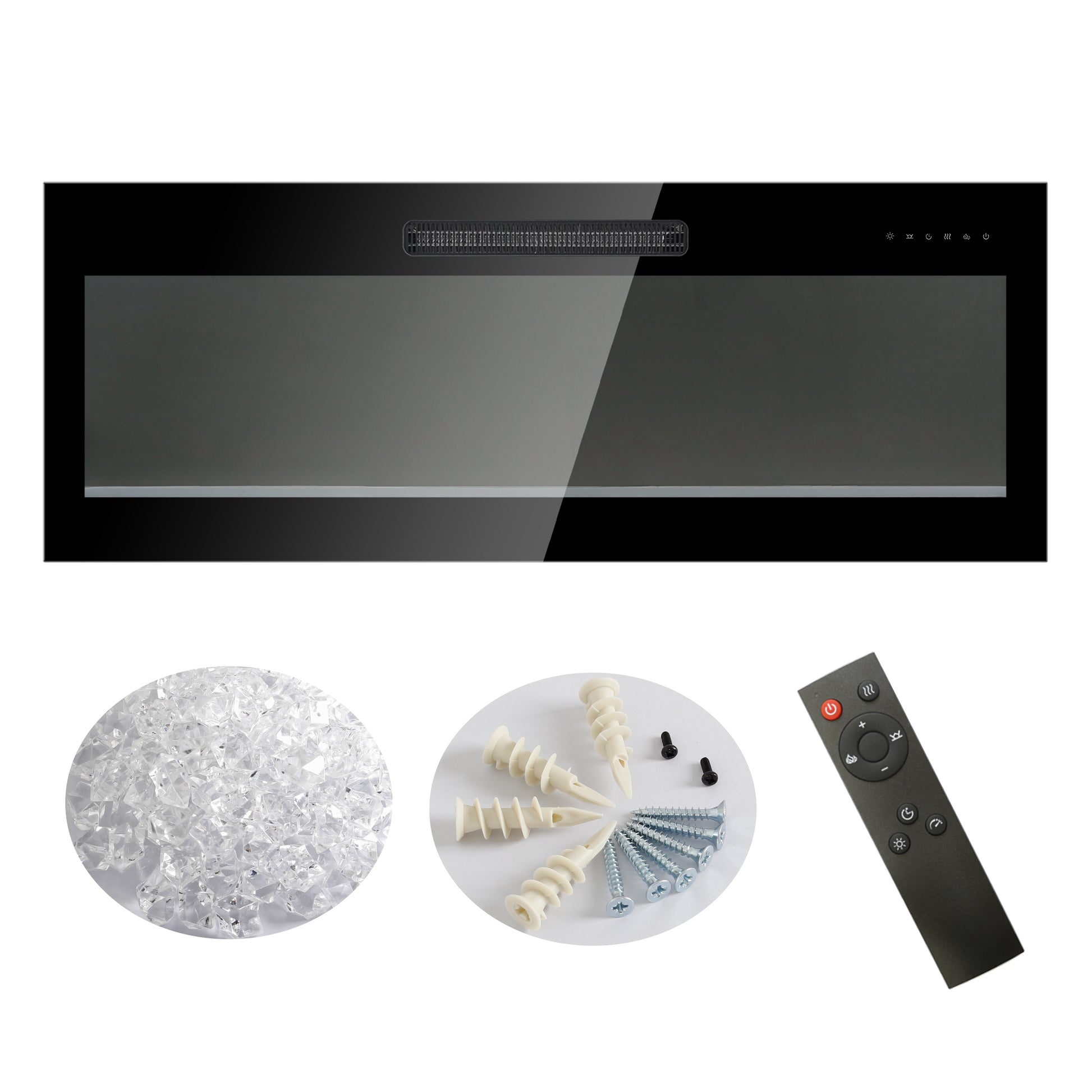 Black linear electric fireplace with remote and accessories