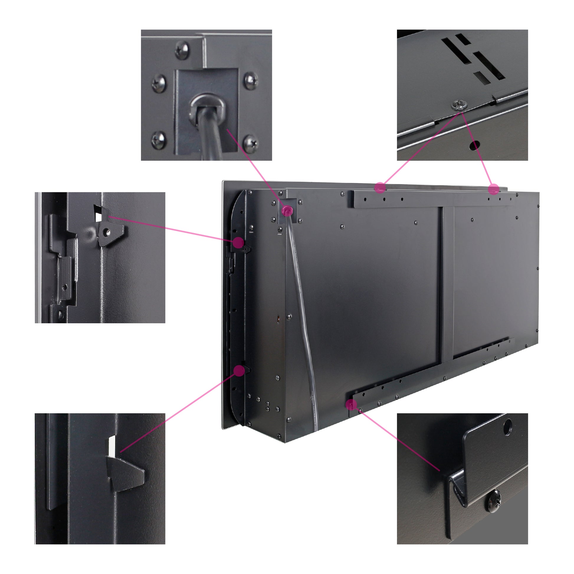Black metal enclosure mounting bracket with visible screws