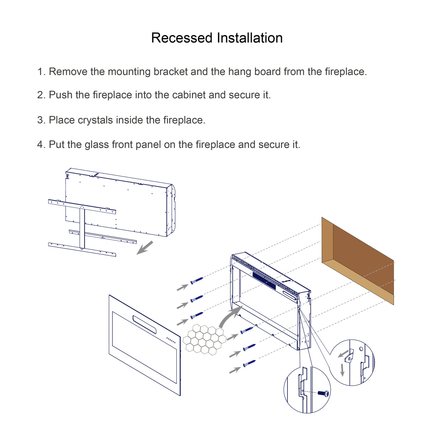 Diagram showing recessed fireplace installation steps with hardware