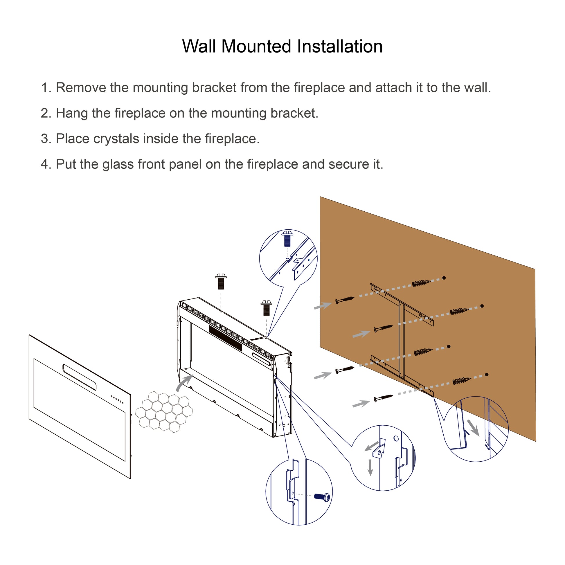 Diagram showing wall mounted fireplace installation steps