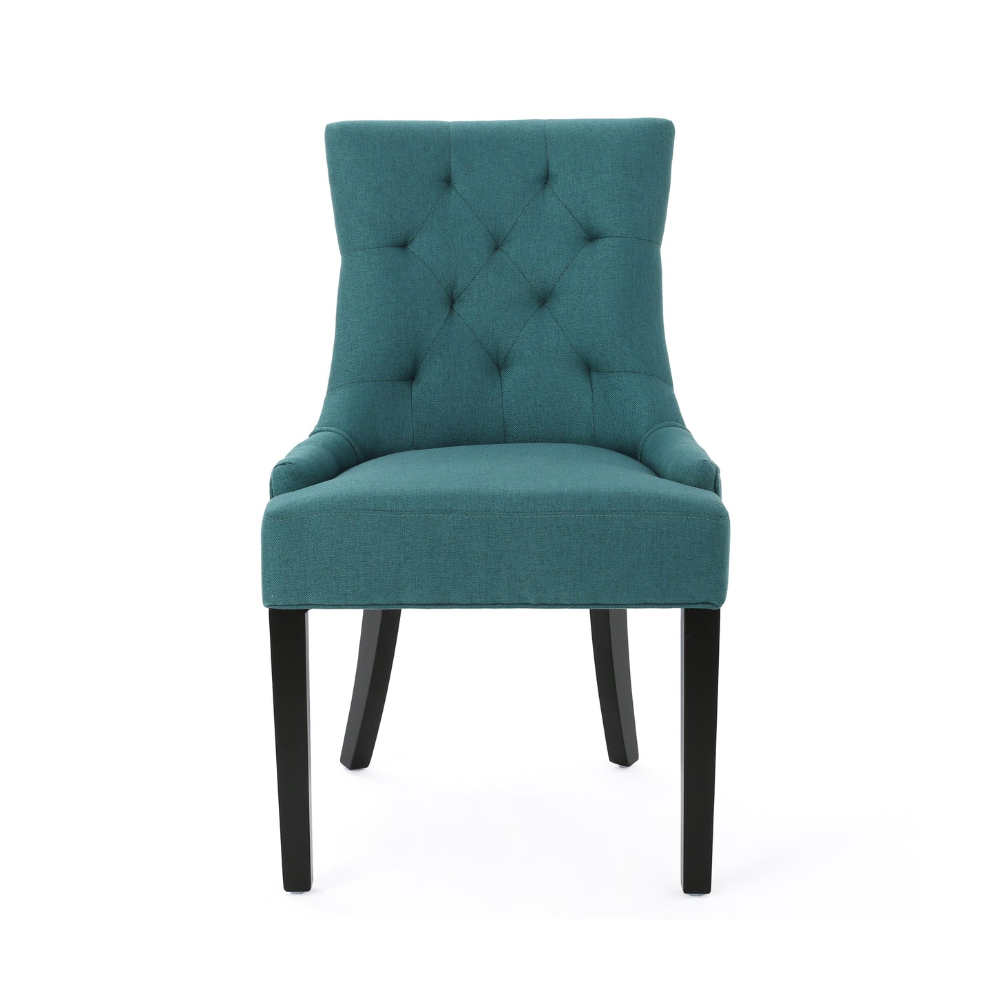 Teal upholstered dining chair with diamond tufting on back and black legs
