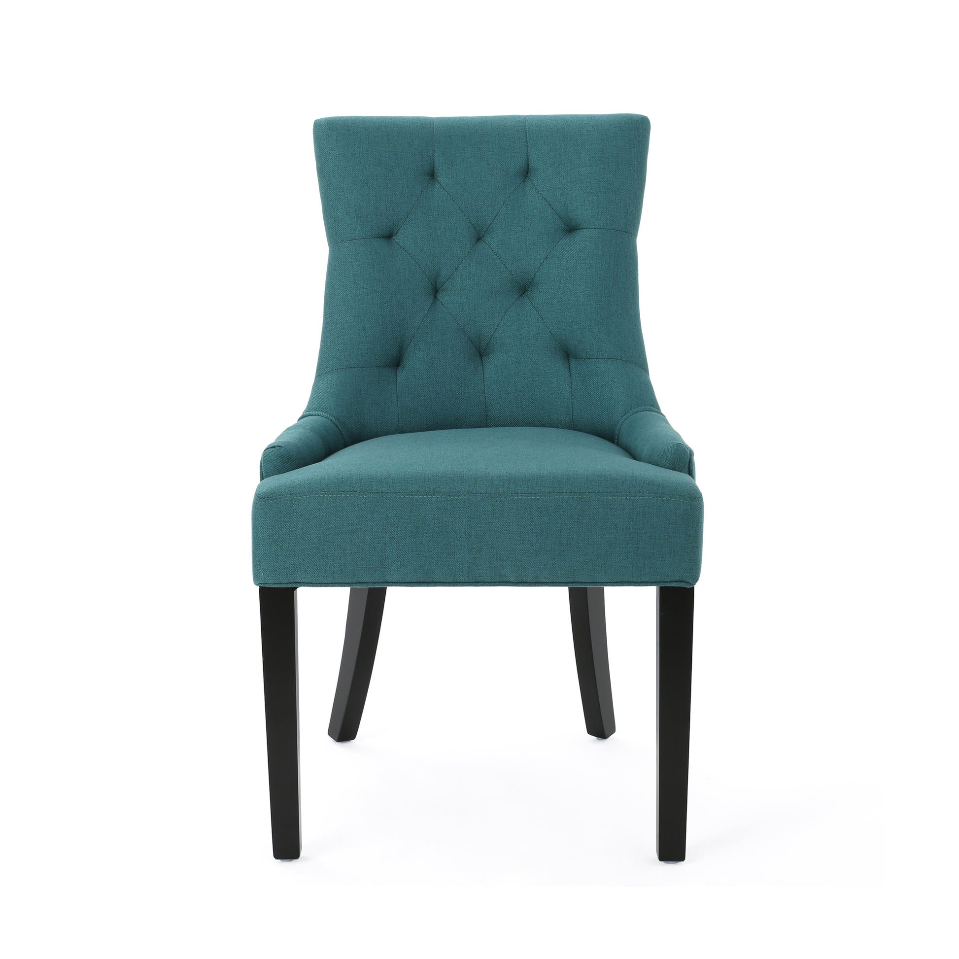 Teal upholstered dining chair with diamond tufting on back and black legs