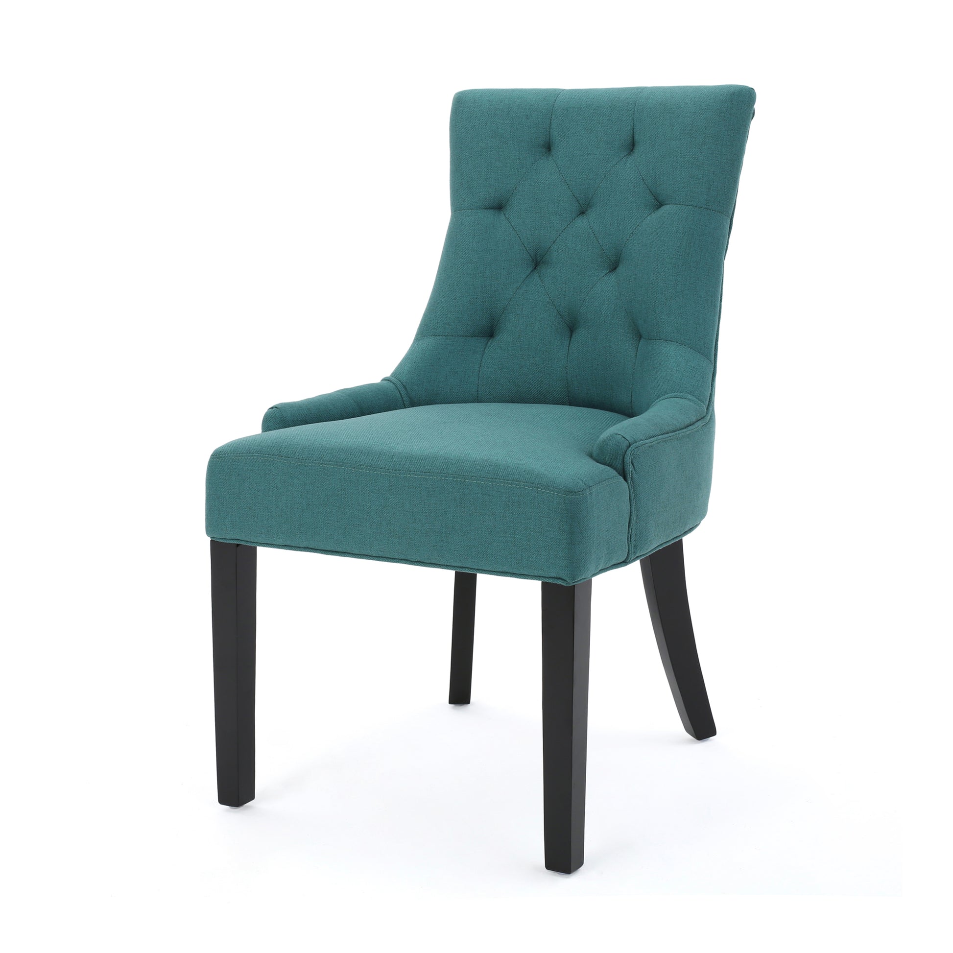 Teal fabric dining chair with button tufting and dark wood legs