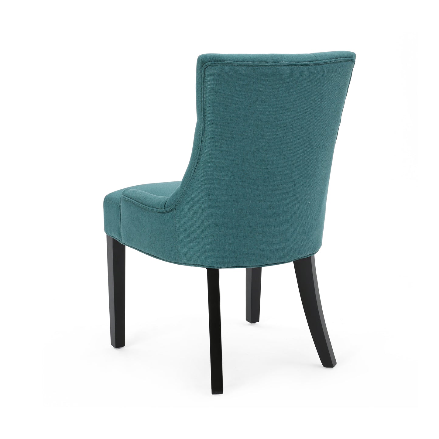 Teal upholstered dining chair with button tufting and dark wooden legs