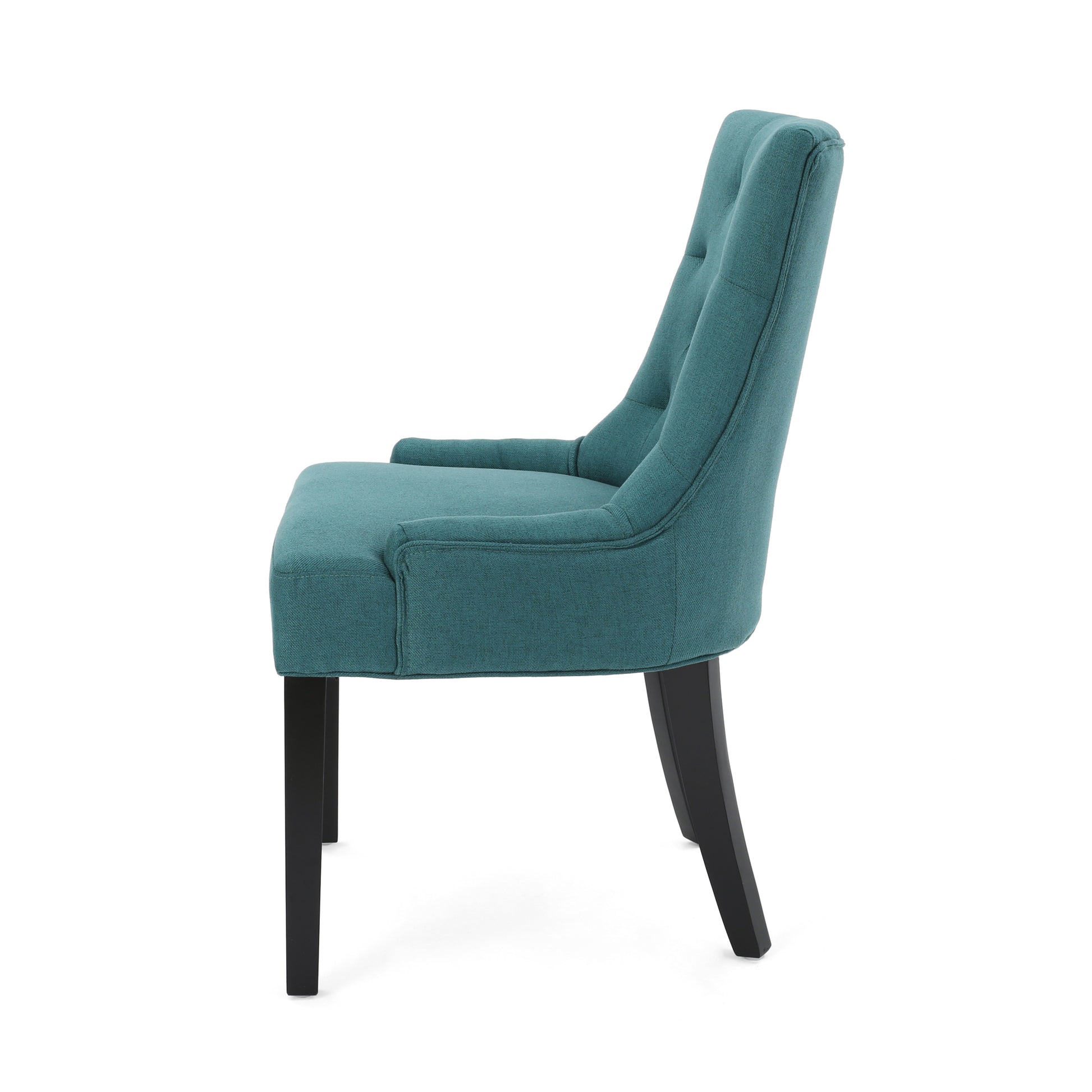 Teal upholstered dining chair with tufted back and wooden legs