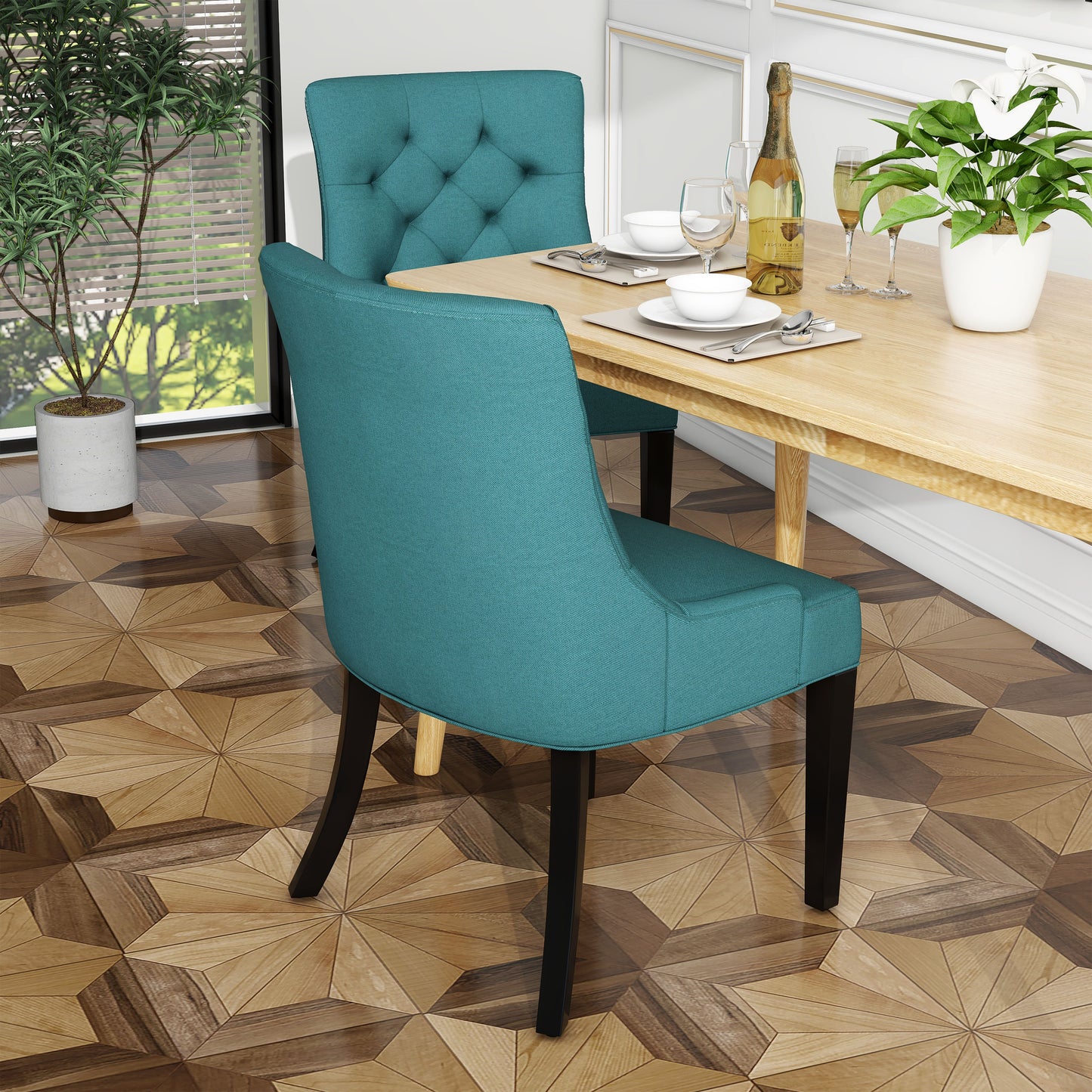 Teal upholstered dining chair with diamond tufting on back