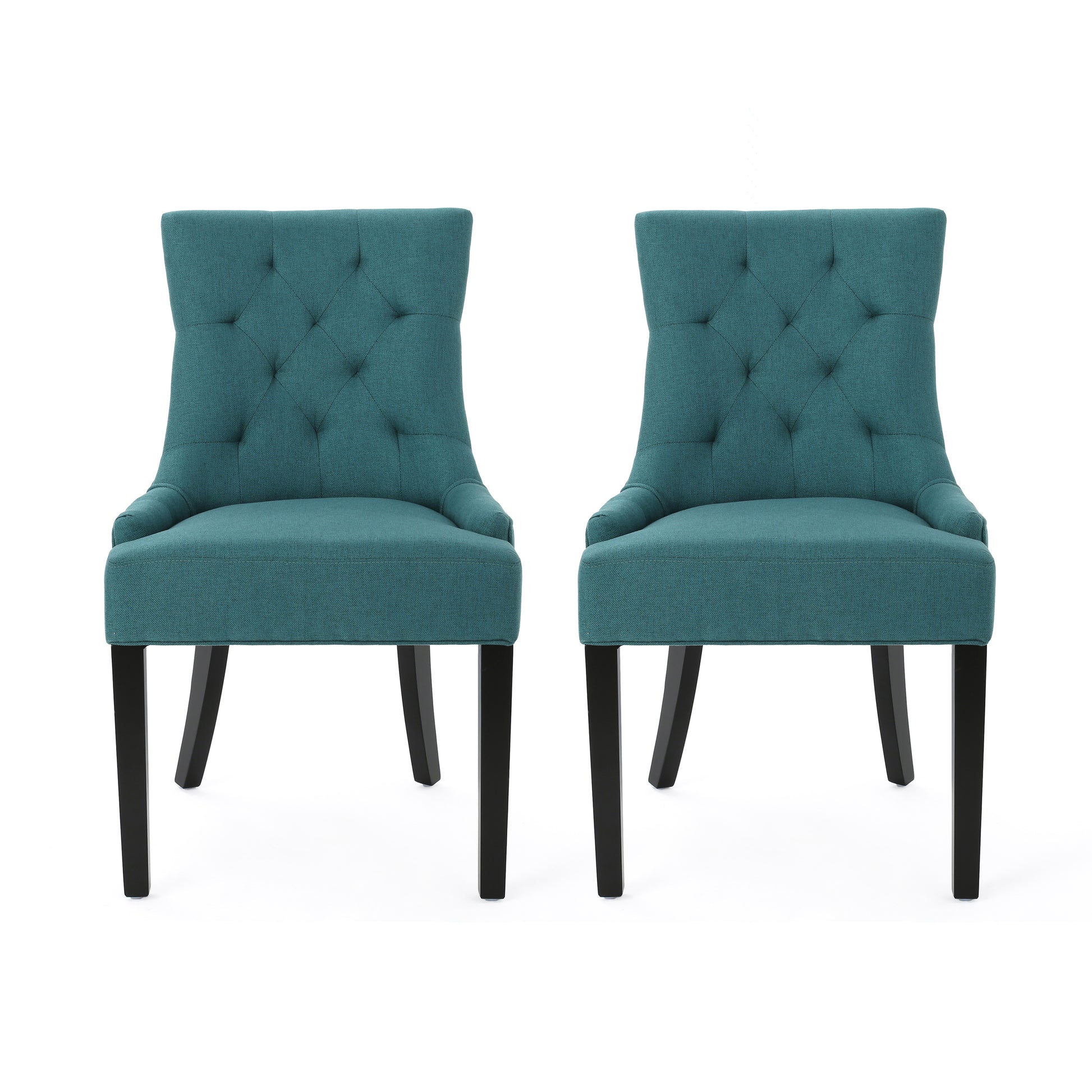 Two teal upholstered accent chairs with tufted backs and dark wooden legs