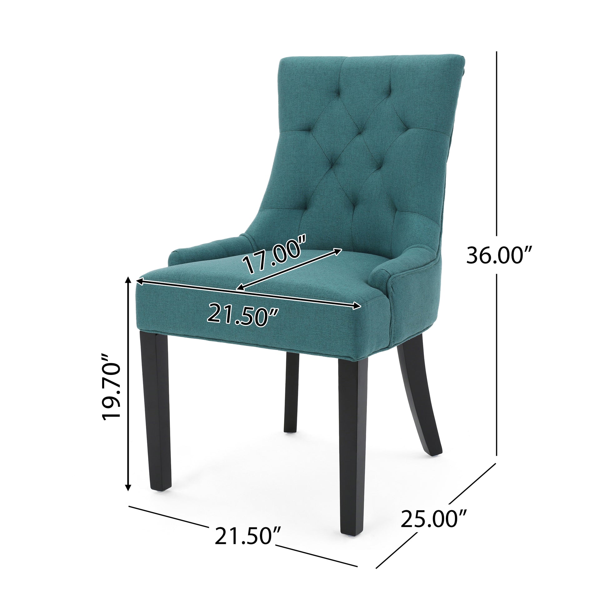 Teal upholstered dining chair with tufted back and dark wood legs