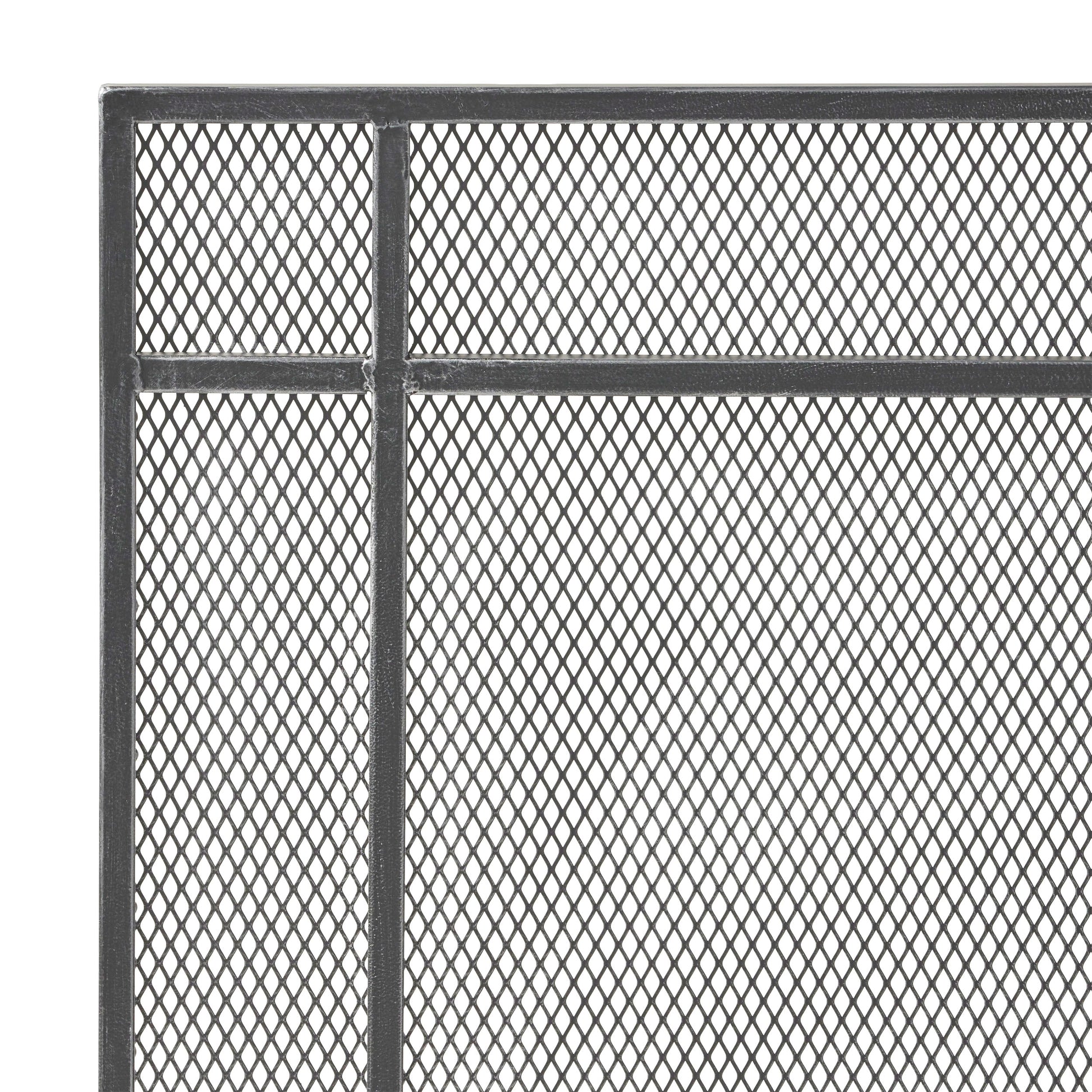 Closeup of dark gray expanded metal mesh with diamond pattern