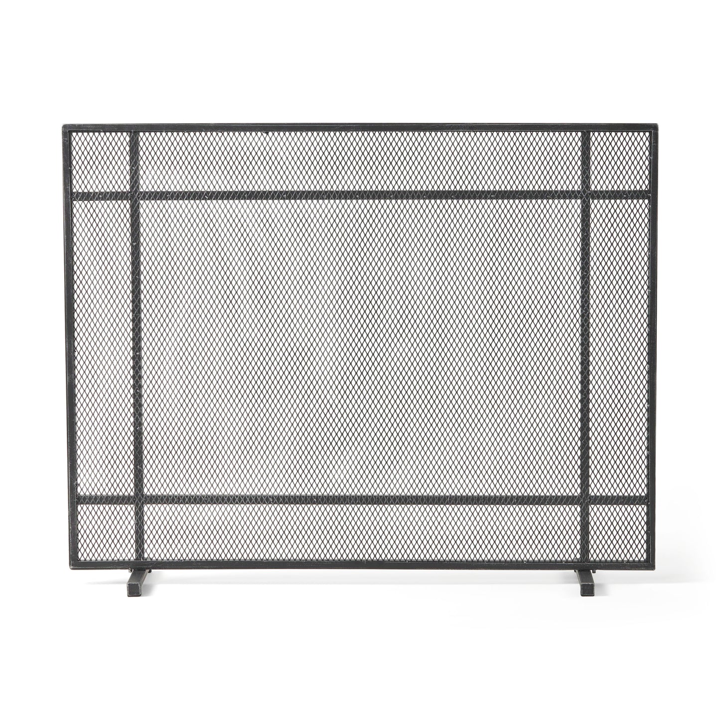 Black metal diamond mesh fireplace screen with a simple frame and feet