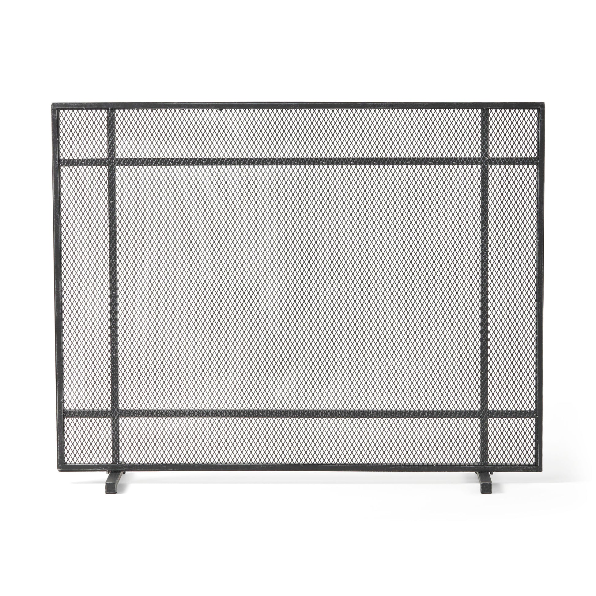 Black metal diamond mesh fireplace screen with a simple frame and feet