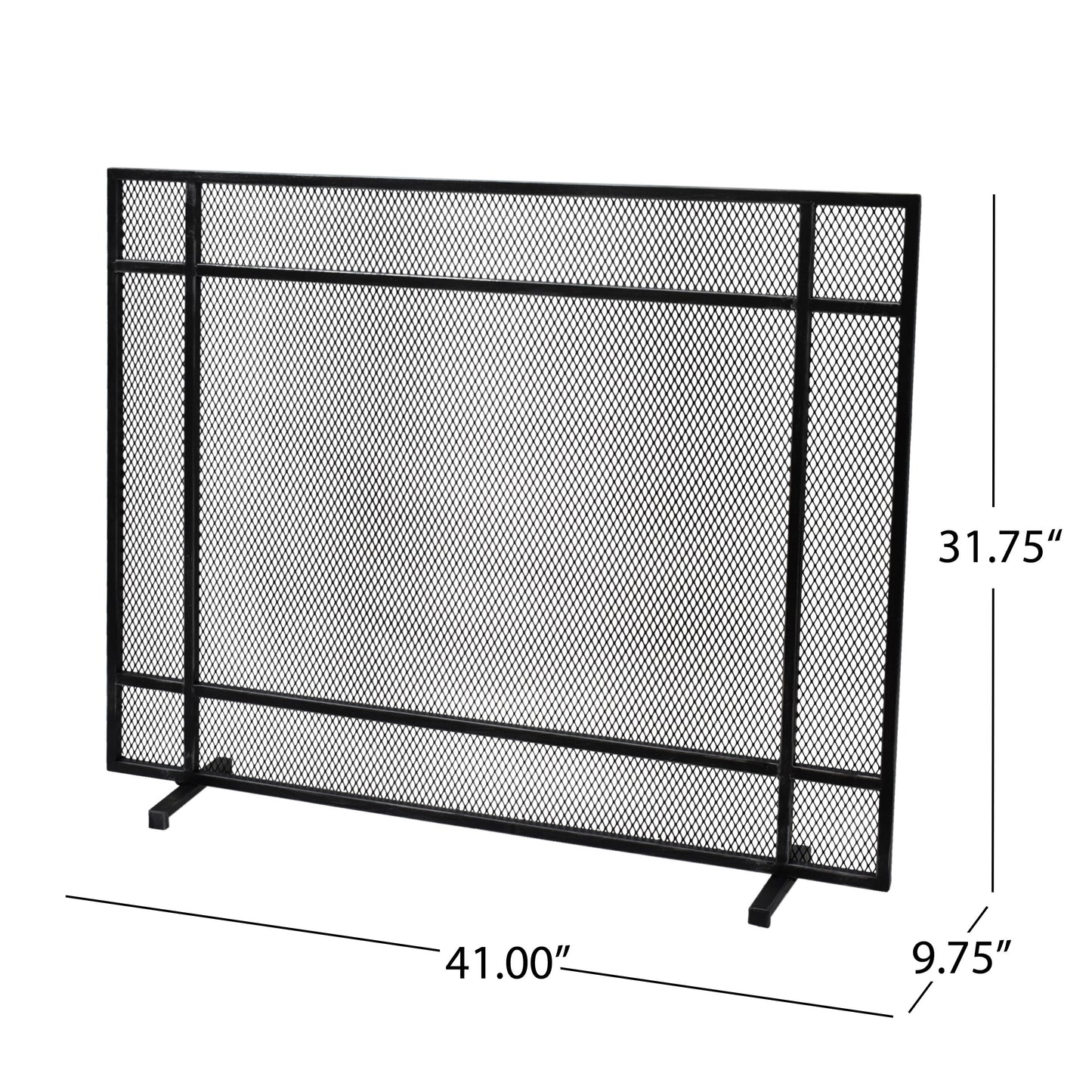 Black metal fireplace screen with diamond mesh pattern