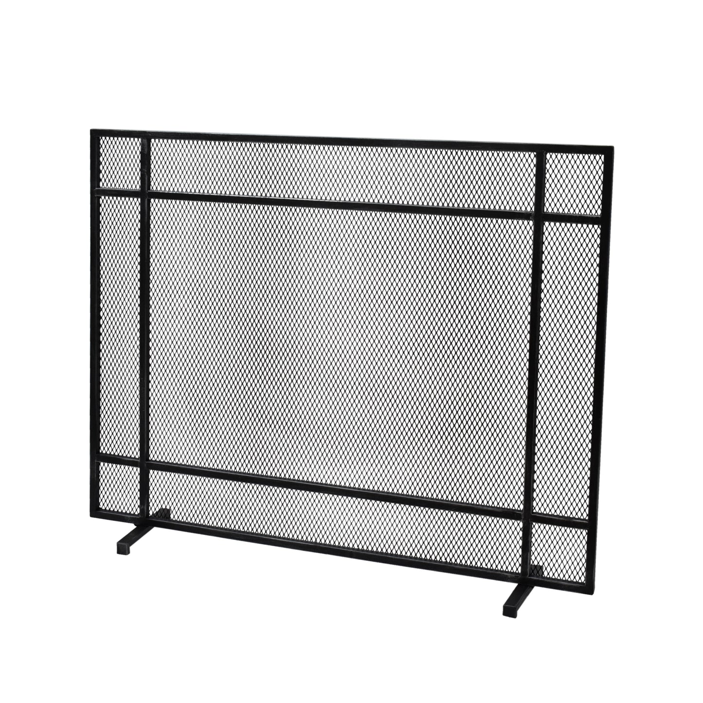 Black metal fireplace screen with diamond mesh pattern and sturdy legs