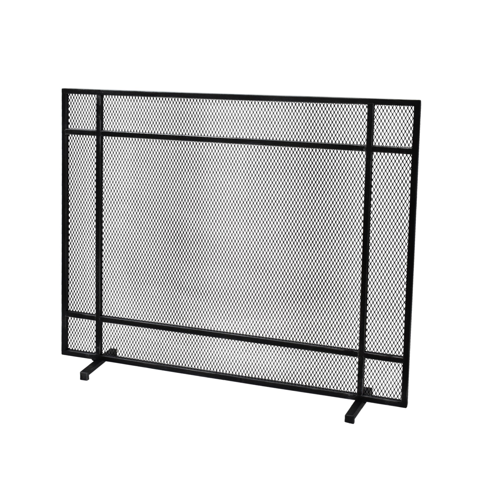 Black metal fireplace screen with diamond mesh pattern and sturdy legs