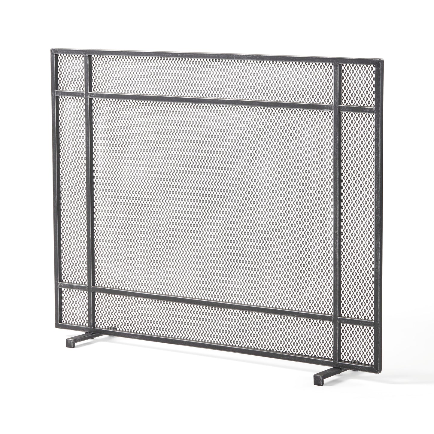 Industrialstyle dark gray metal fireplace screen with diamond mesh