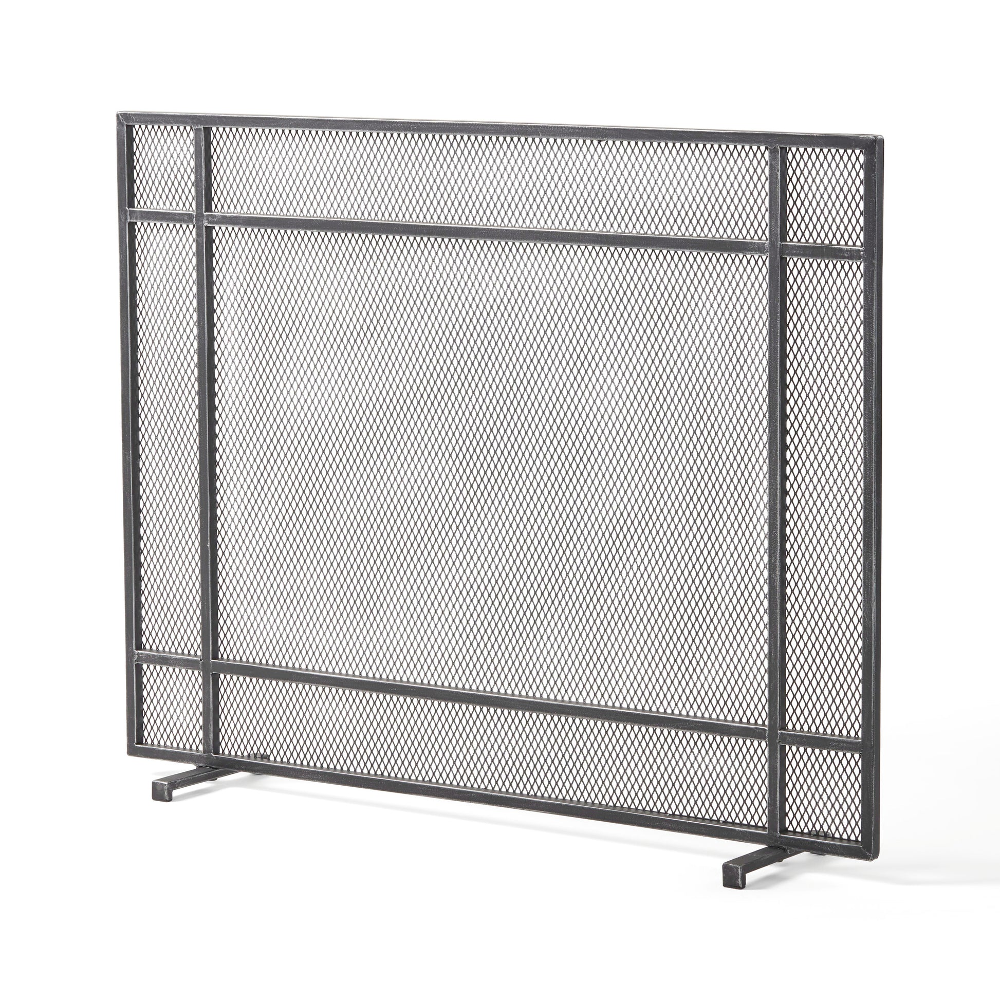 Industrialstyle dark gray metal fireplace screen with diamond mesh