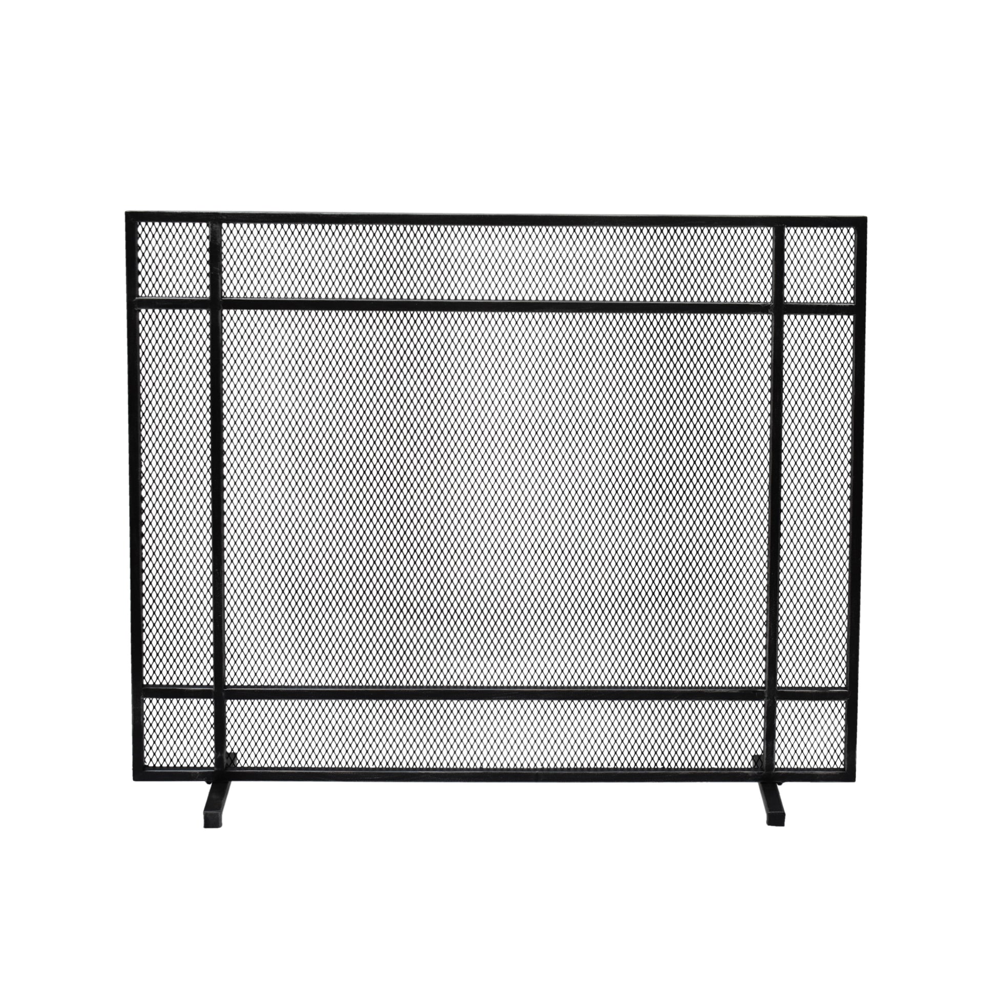 Black metal fireplace screen with diamond pattern mesh