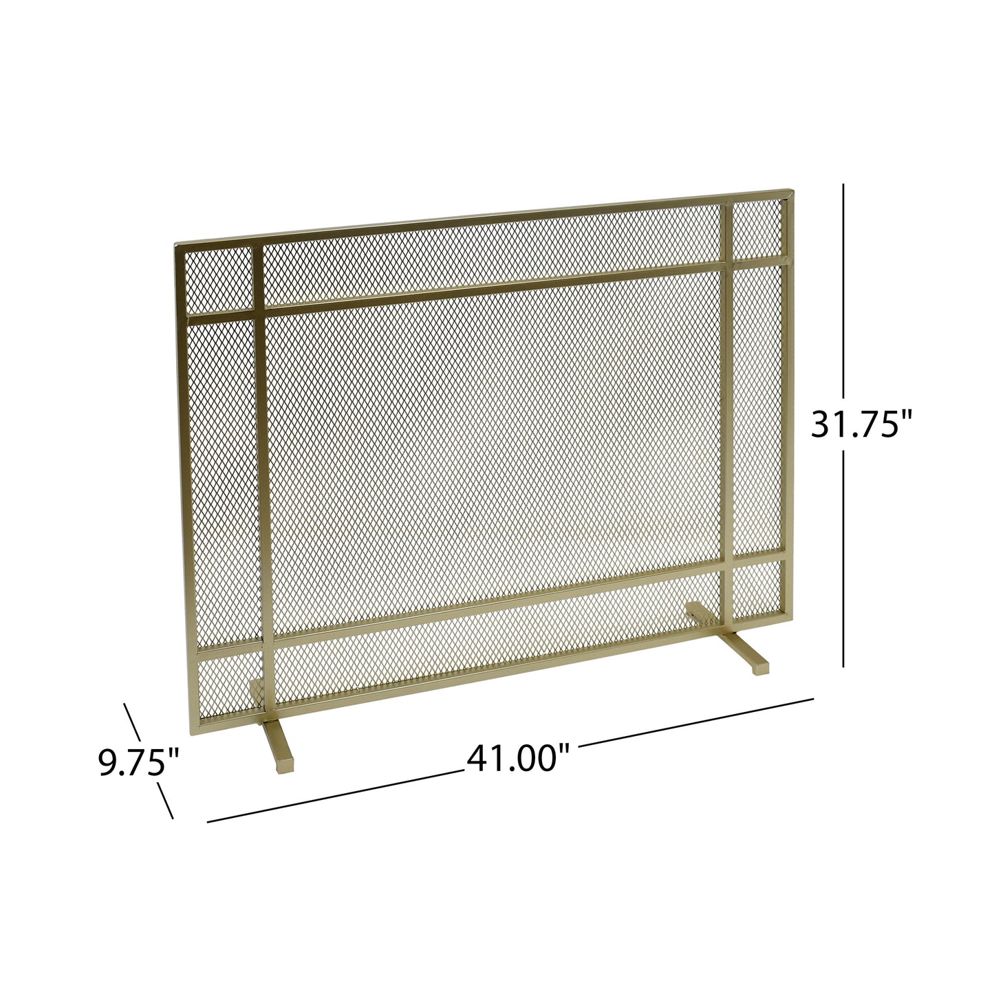 Gold metal fireplace screen with diamond mesh pattern and modern design