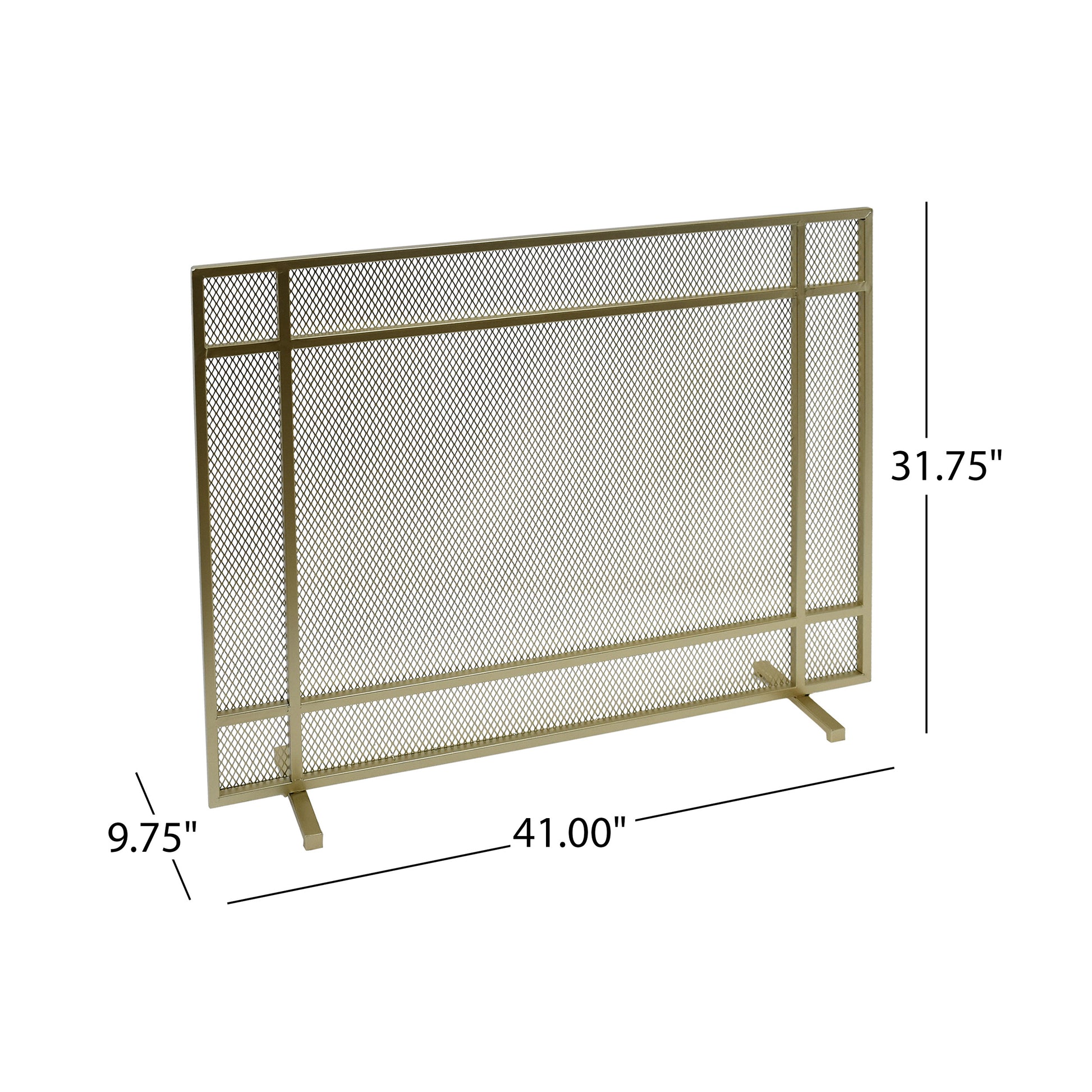 Gold metal fireplace screen with diamond mesh pattern and modern design
