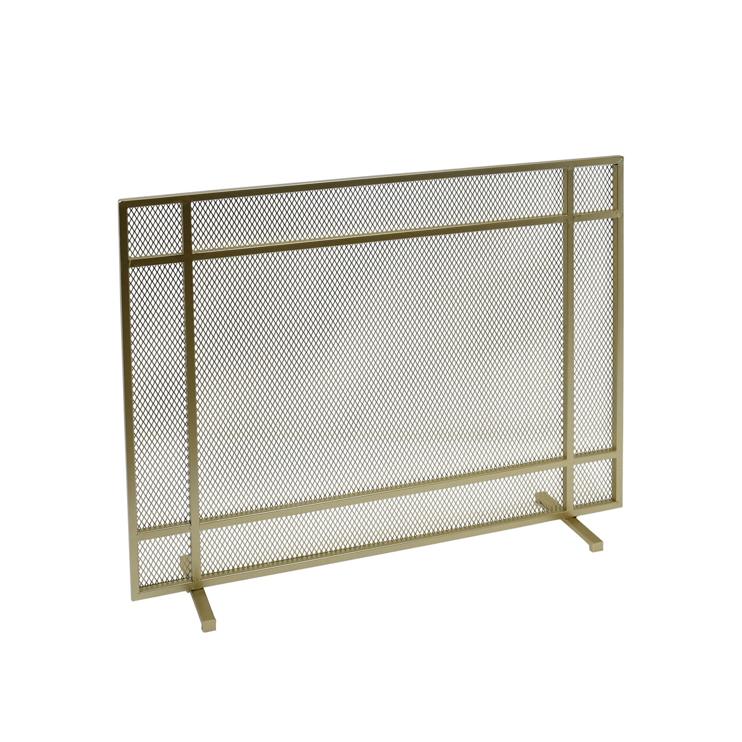 Gold metal mesh fireplace screen with clean lines