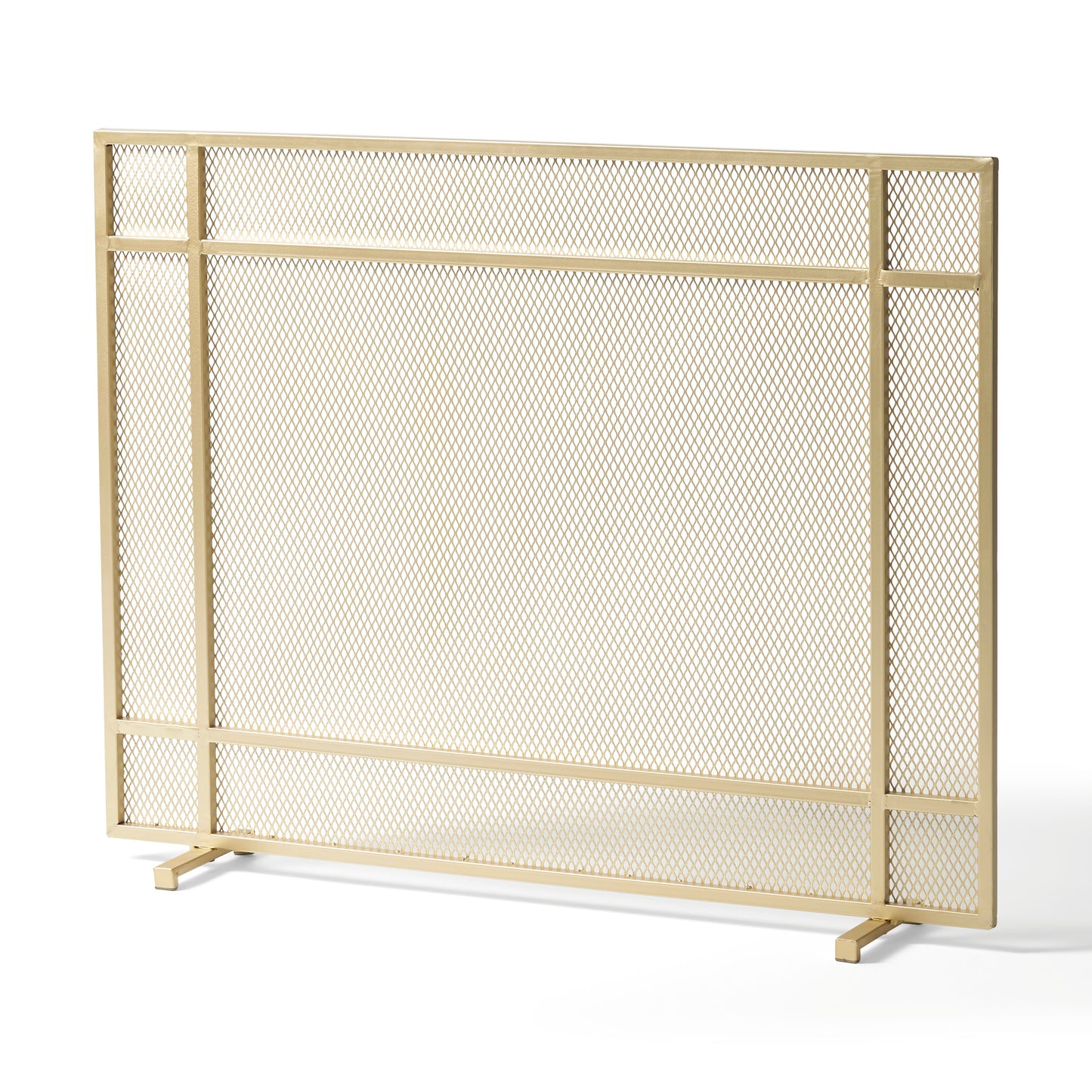 Gold metal fireplace screen with geometric mesh pattern