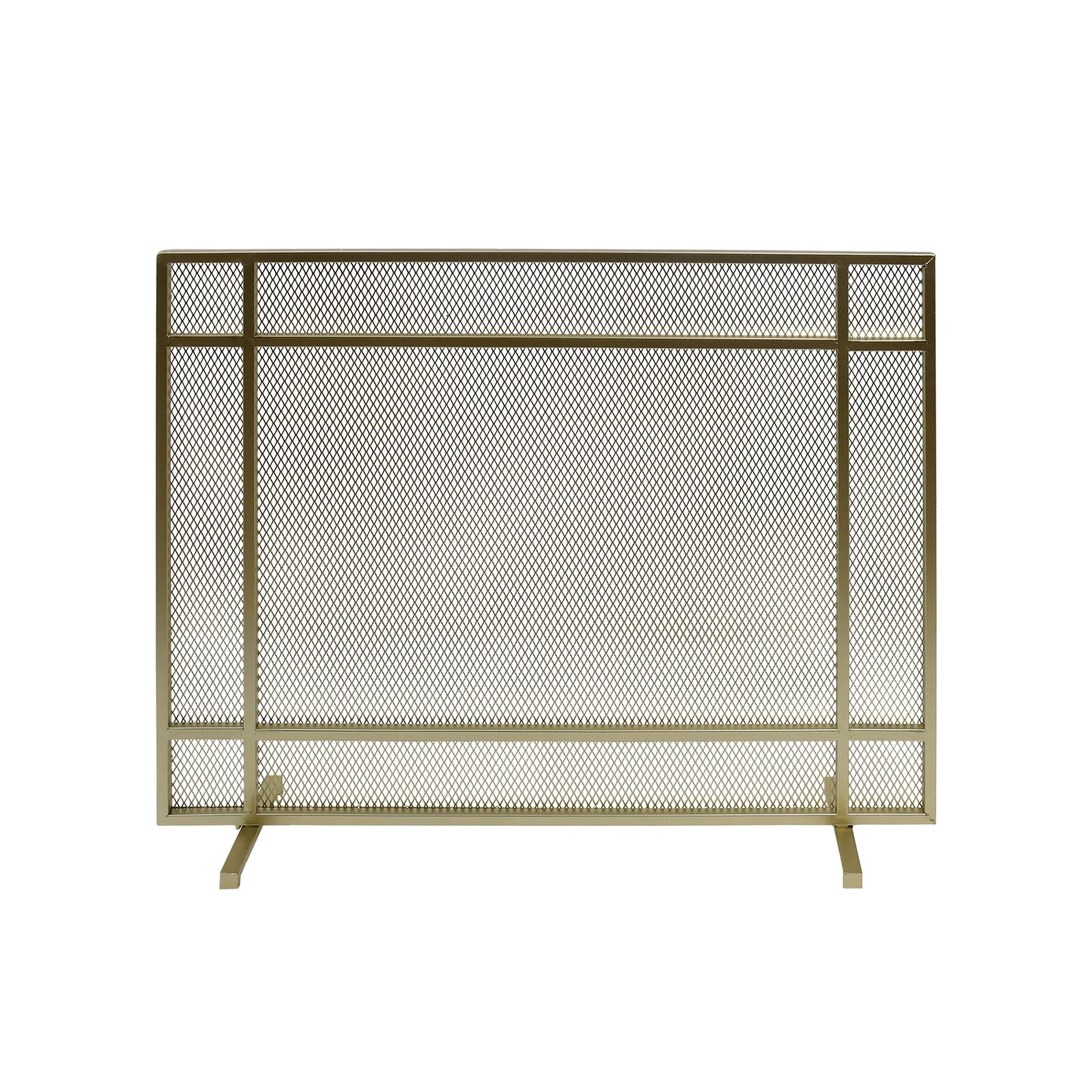 Gold metal fireplace screen with diamond mesh