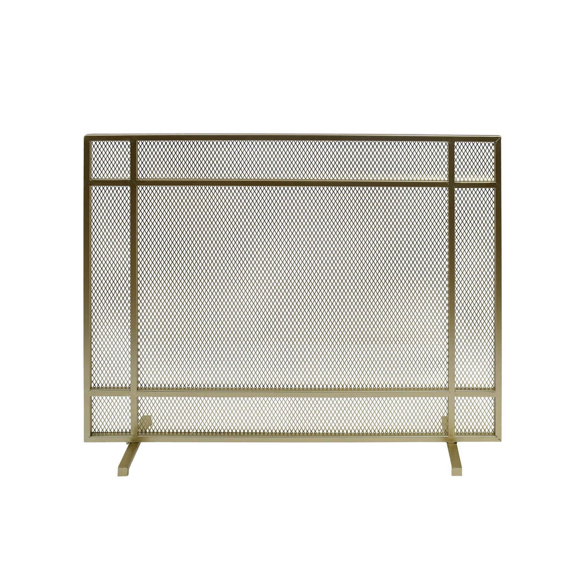 Gold metal fireplace screen with diamond mesh