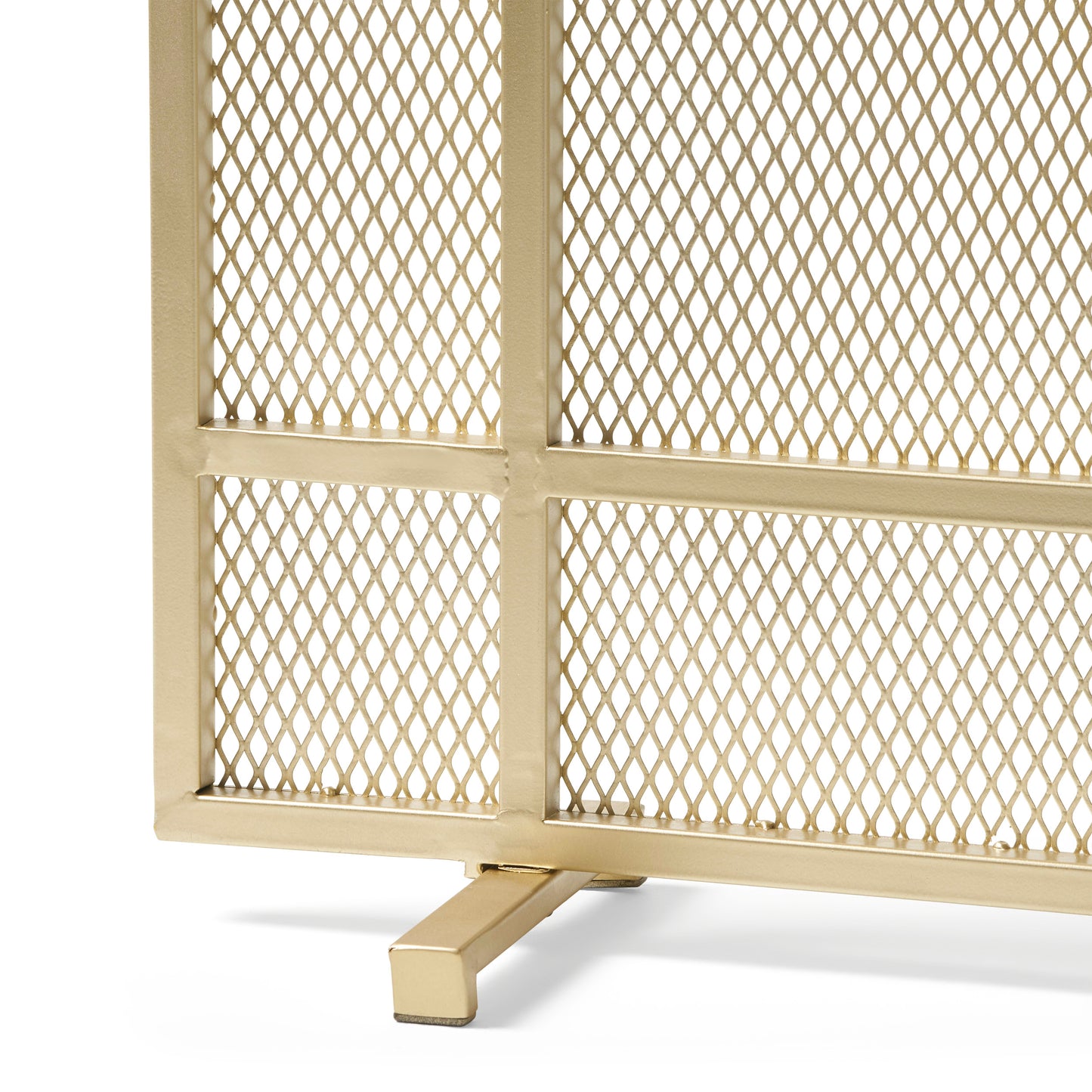 Gold metal fireplace screen with diamond mesh pattern and clean lines