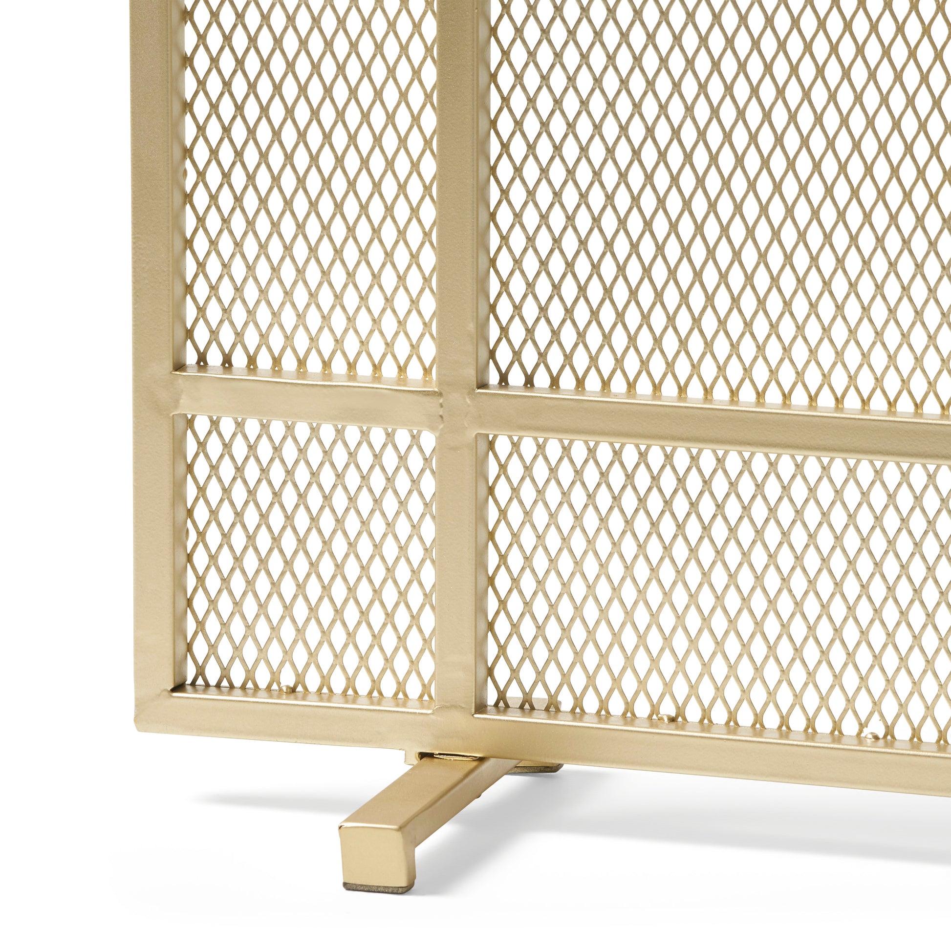 Gold metal fireplace screen with diamond mesh pattern and clean lines