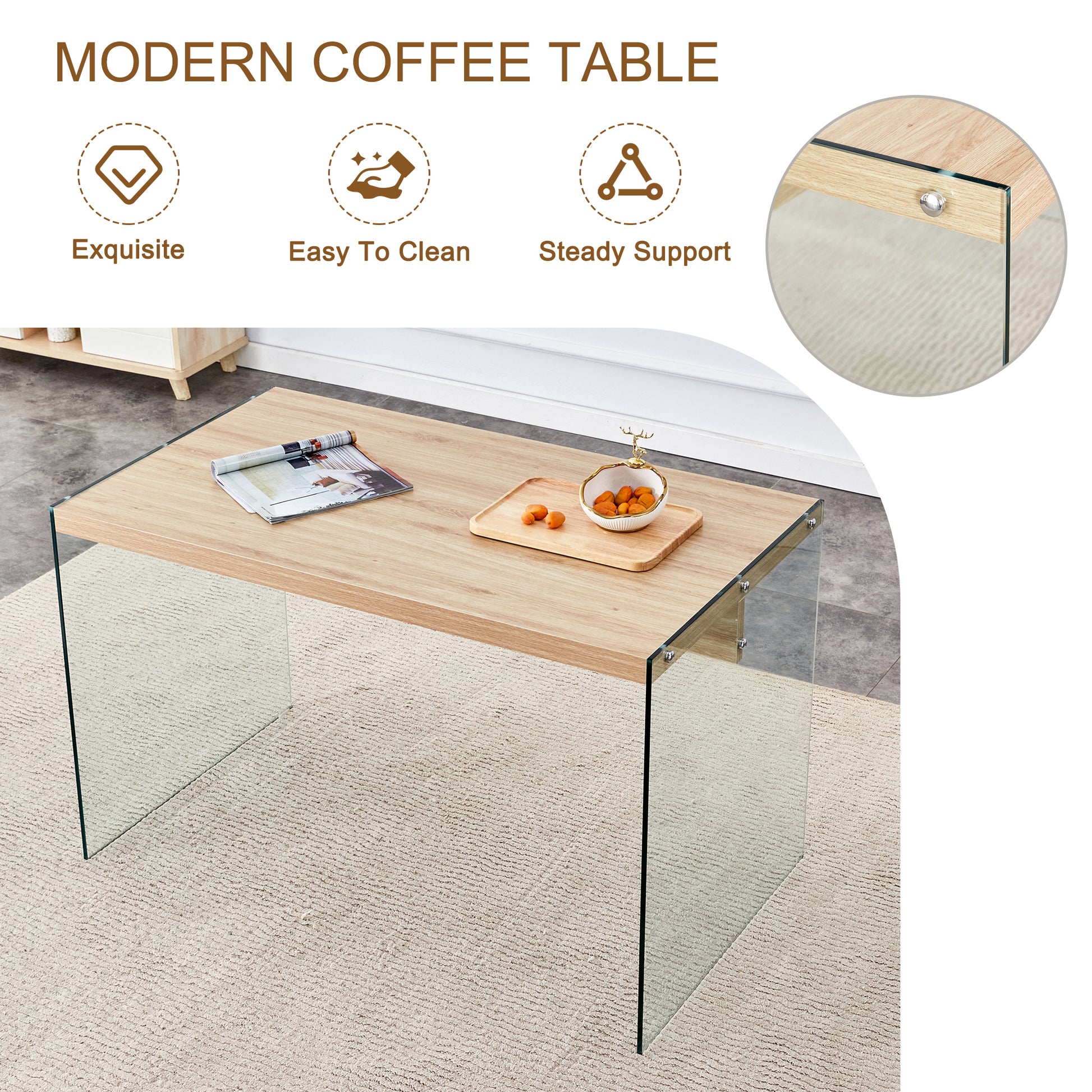Modern glass coffee table with oak wood top and clear glass legs