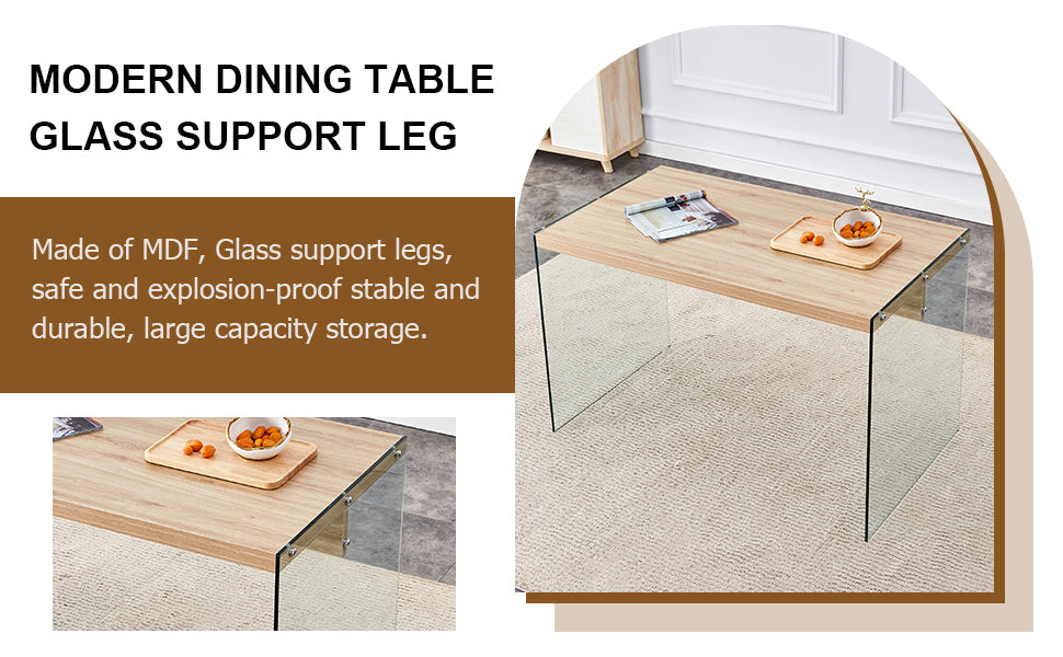 Modern dining table with light wood top and clear glass support legs