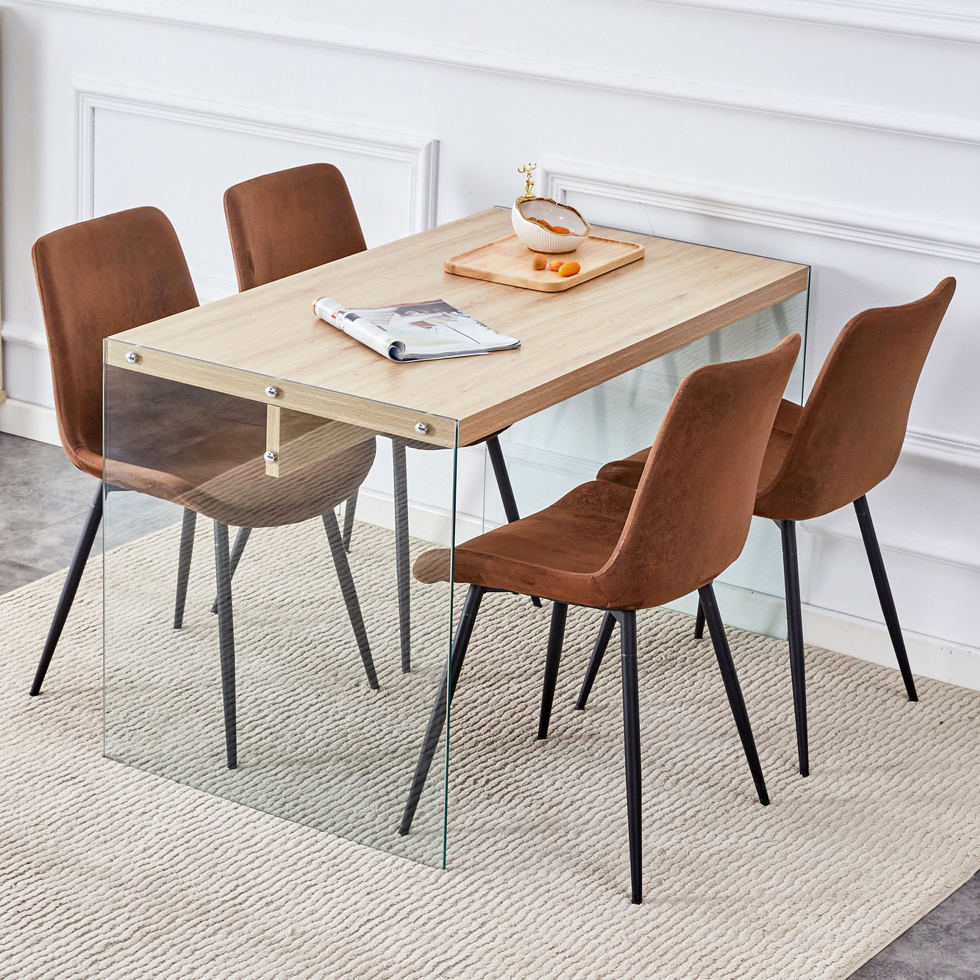 Modern dining set with oaklook tabletop and glass sides