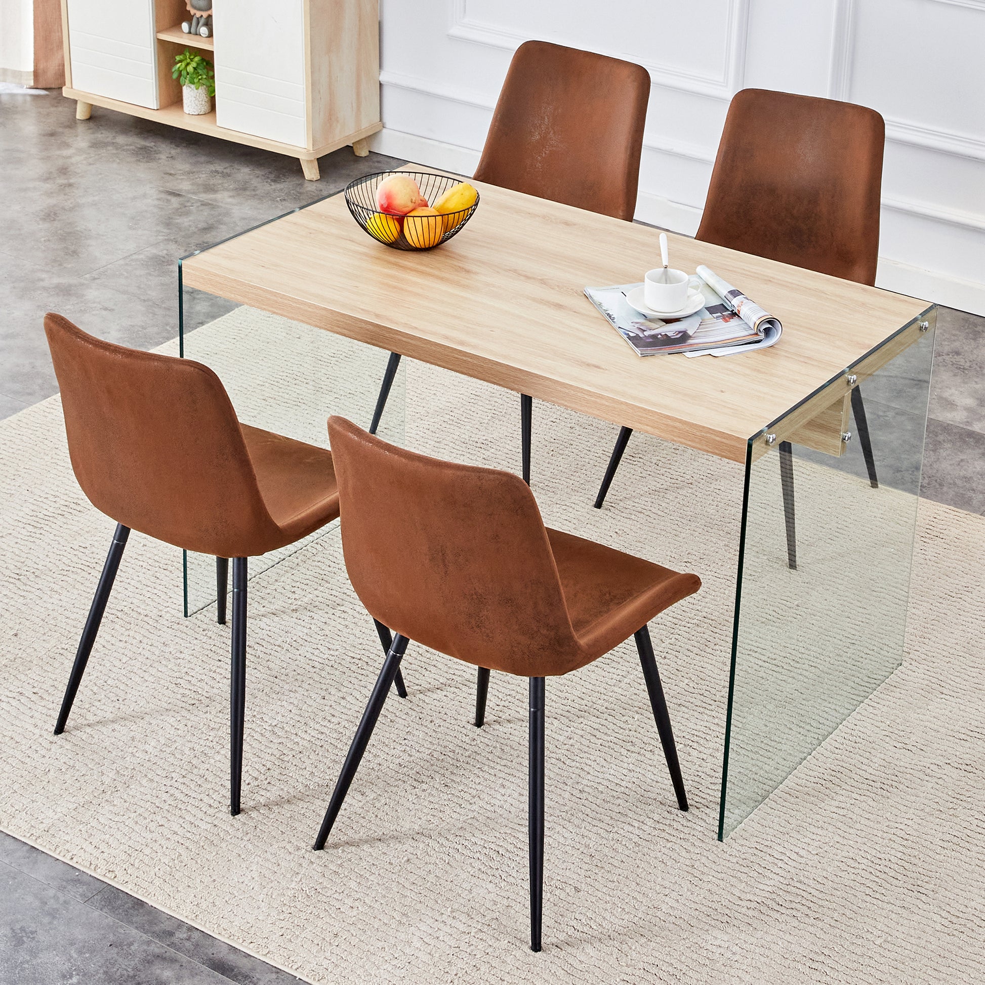 Modern glass dining table with oak top and brown suede chairs