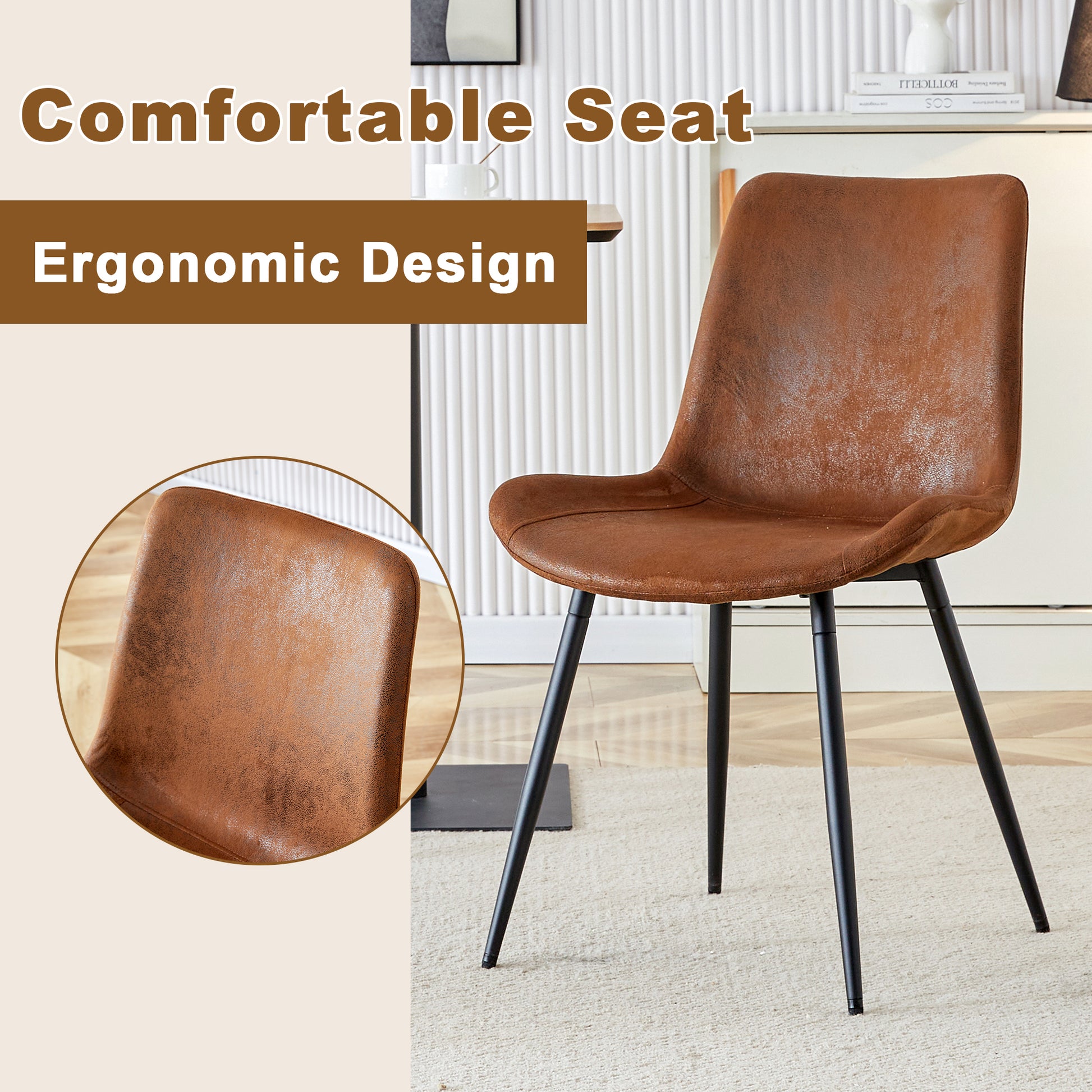 Brown faux leather dining chair with curved back and black metal legs