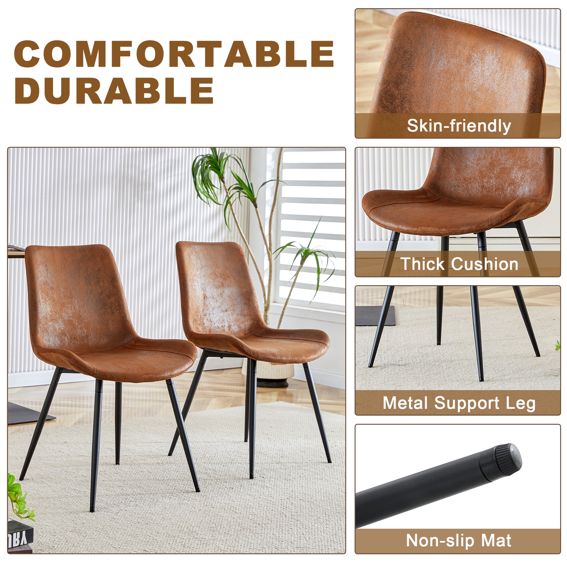 Brown faux leather dining chairs with black metal legs