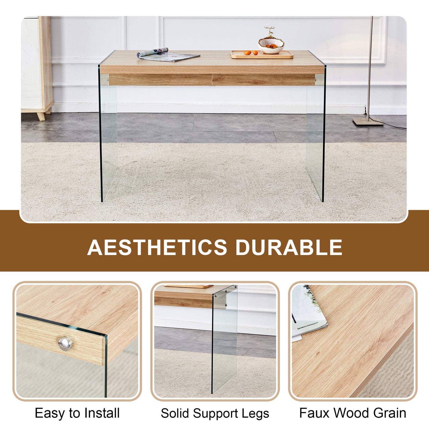 Modern wood and glass writing desk with drawer