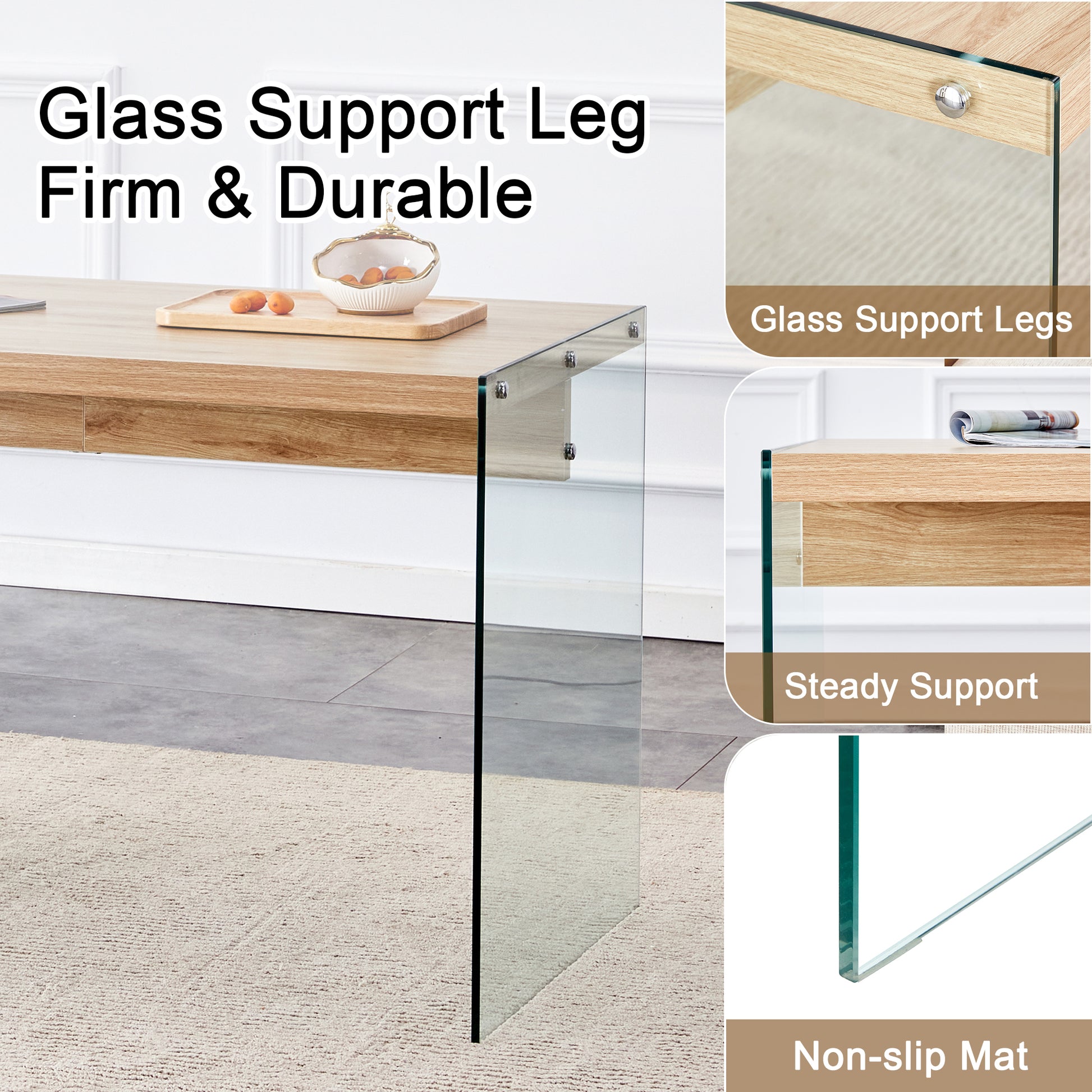 Clear tempered glass support leg for desks with modern design