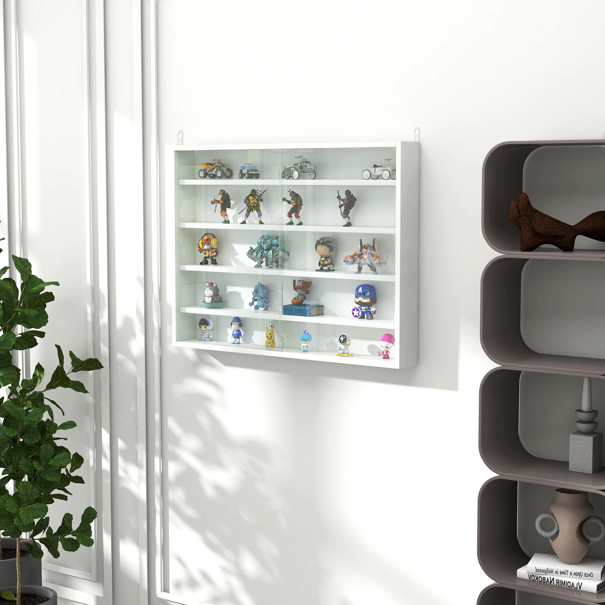 White wall display shelf filled with assorted collectible figurines