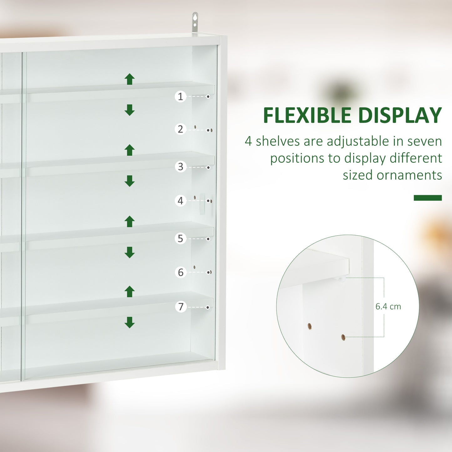 White wall cabinet with adjustable shelves and glass doors