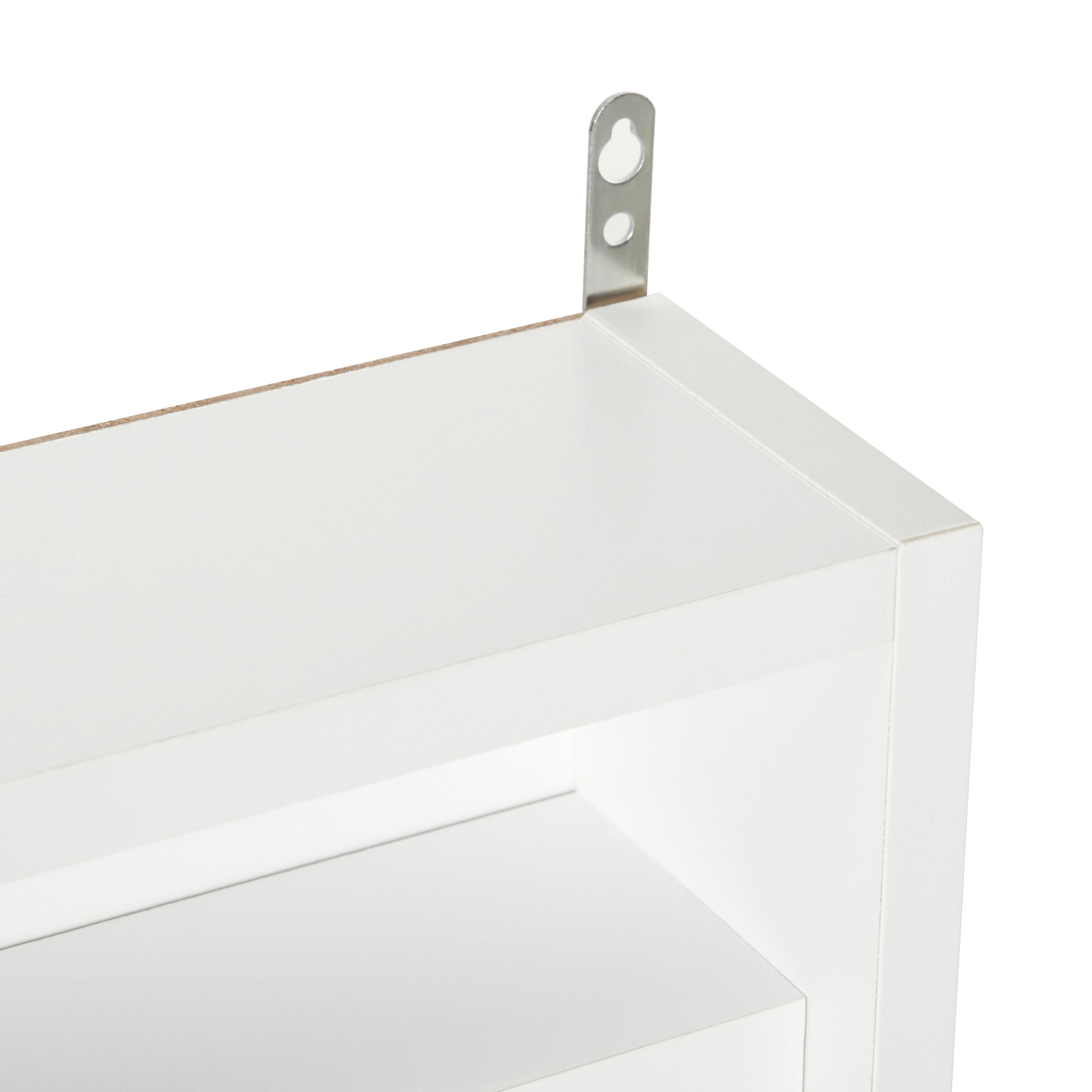 White wall shelf corner with metal hanging bracket