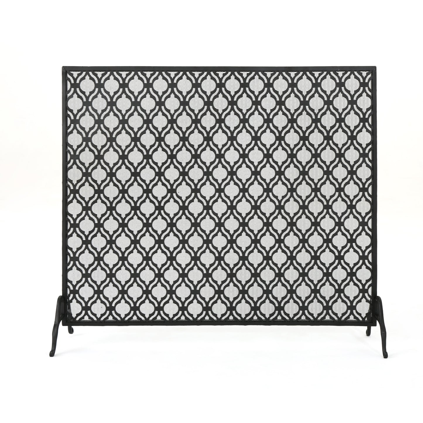 Black metal fireplace screen with decorative quatrefoil pattern and fine mesh backing
