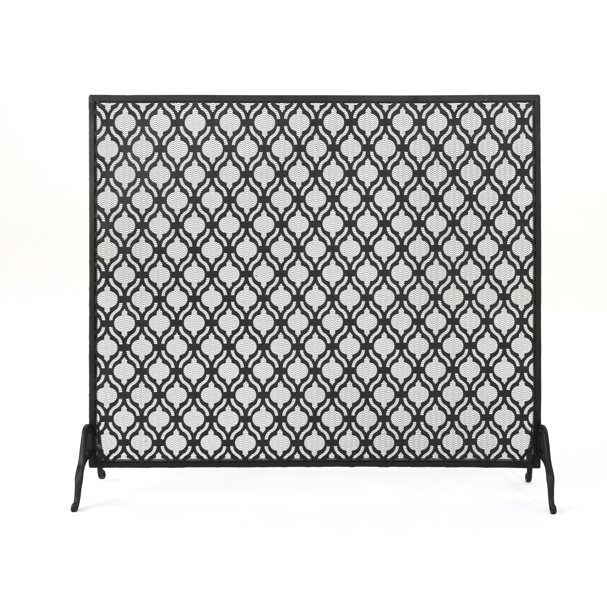 Black metal fireplace screen with decorative quatrefoil pattern and fine mesh backing