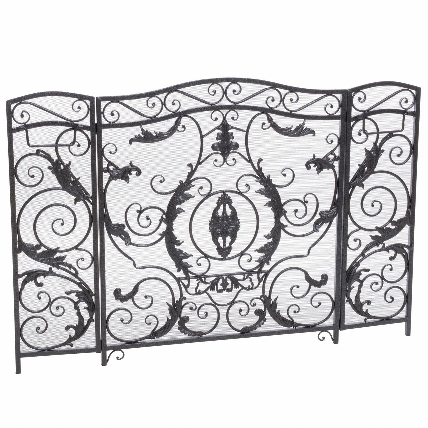 Black ornate metal fireplace screen with three panels and scrolled foliate accents