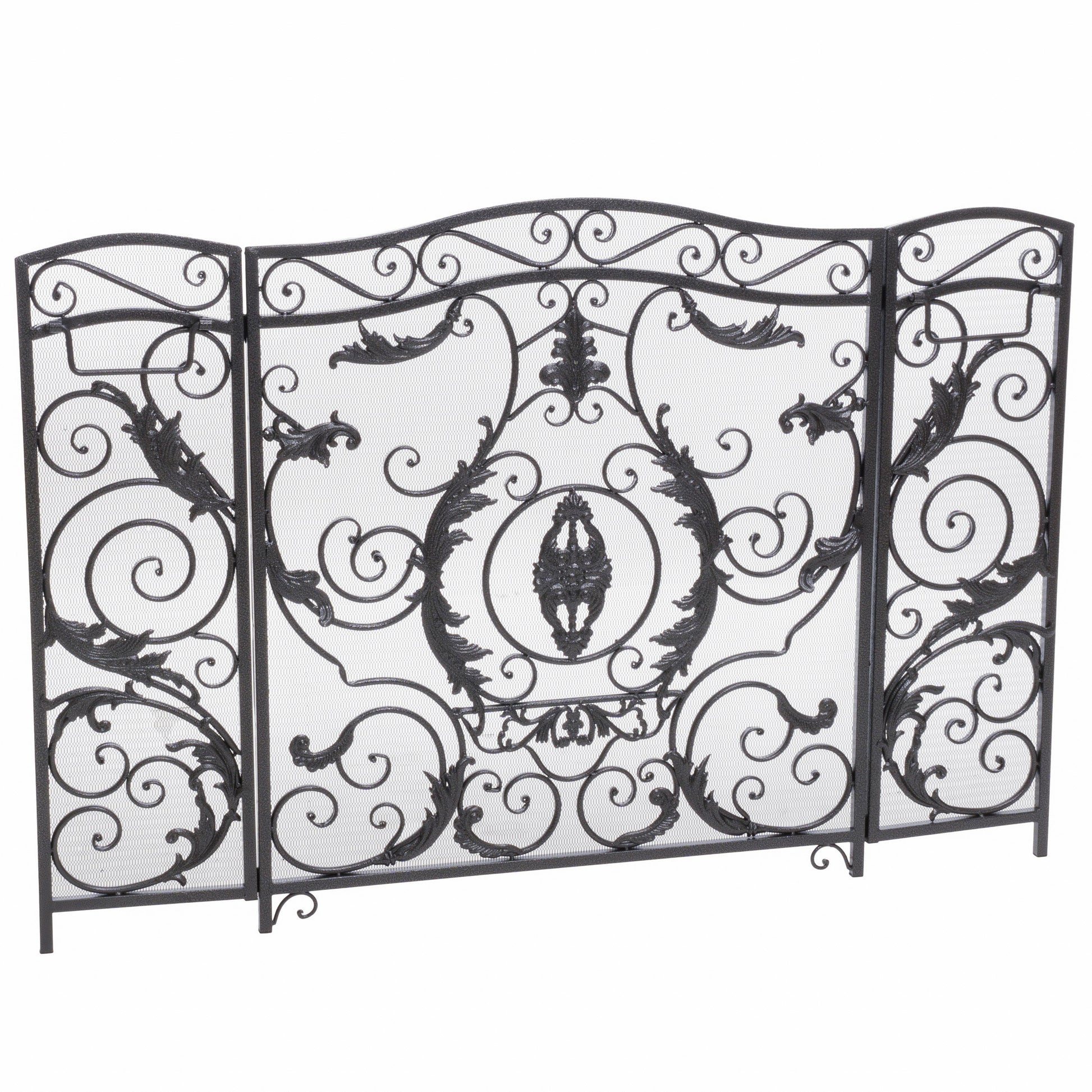 Black ornate metal fireplace screen with three panels and scrolled foliate accents
